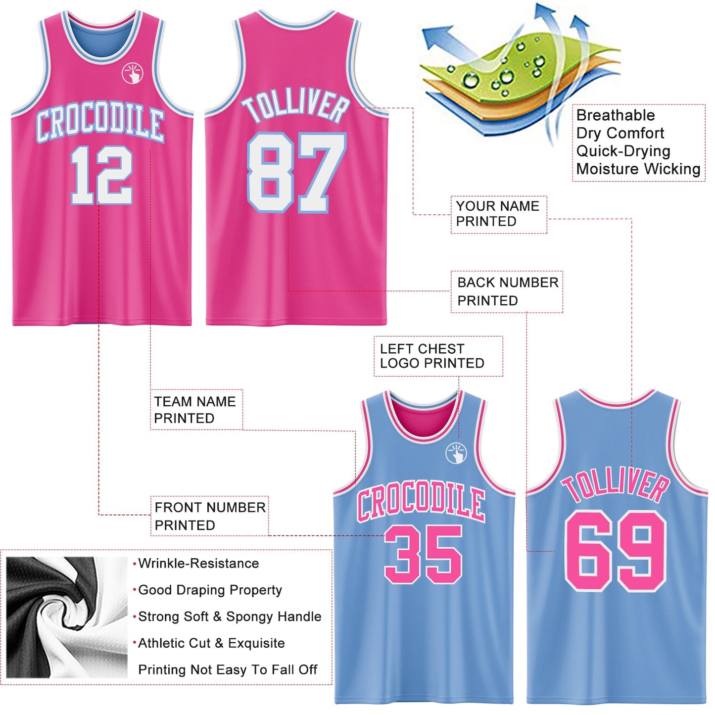 Custom Reversible Pink White-Light Blue Double Side Sublimation Basketball Set Jersey view 5