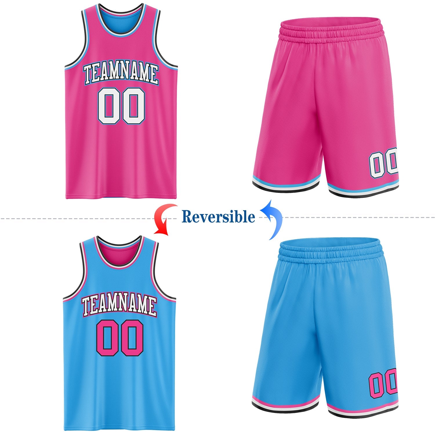 Custom Reversible Pink Black-Sky Blue Double Side Sublimation Basketball Set Jersey view 2