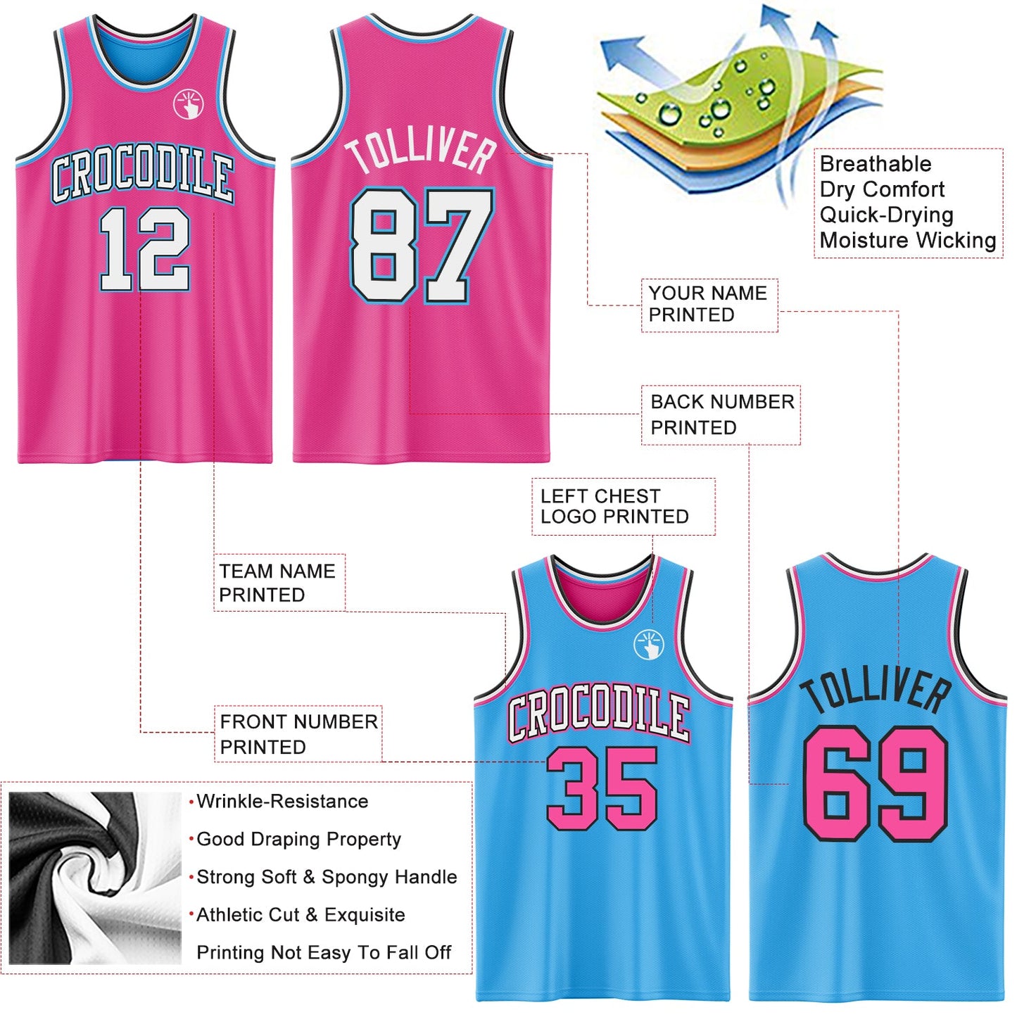 Custom Reversible Pink Black-Sky Blue Double Side Sublimation Basketball Set Jersey view 5