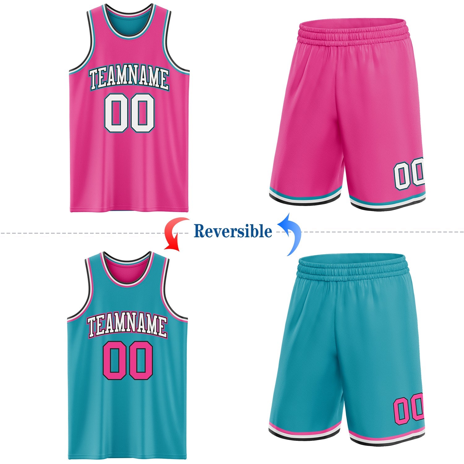 Custom Reversible Pink Black-Teal Double Side Sublimation Basketball Set Jersey view 2