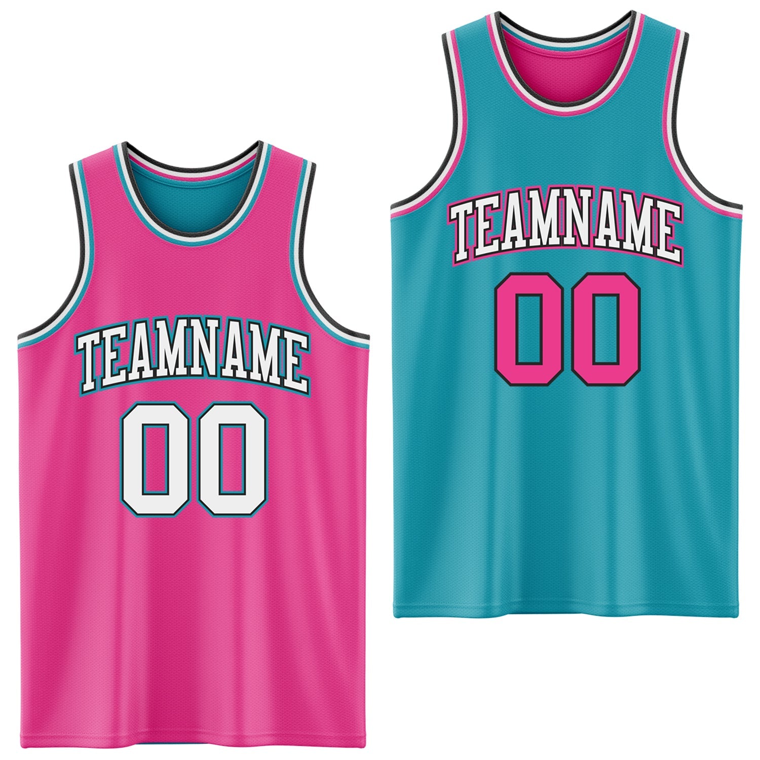 Custom Reversible Pink Black-Teal Double Side Sublimation Basketball Set Jersey - Main View