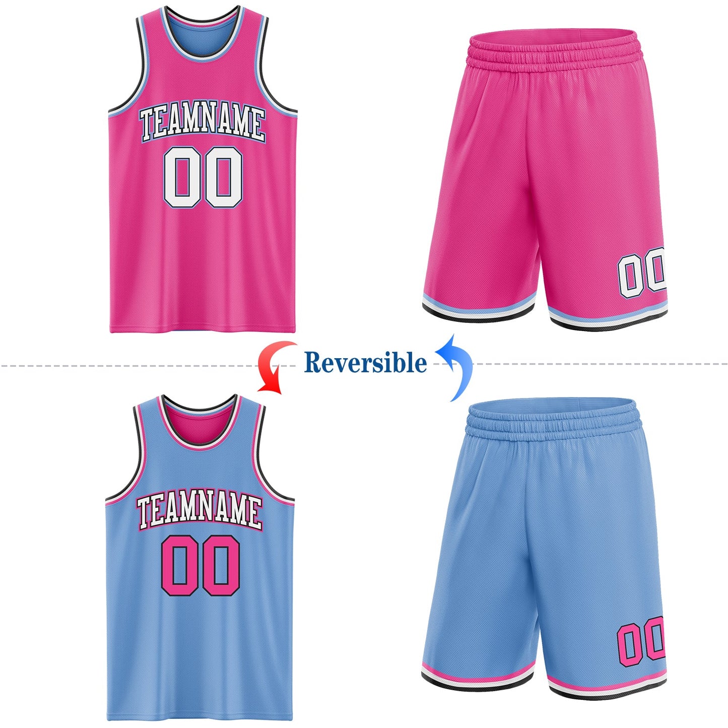 Custom Reversible Pink Black-Light Blue Double Side Sublimation Basketball Set Jersey view 2