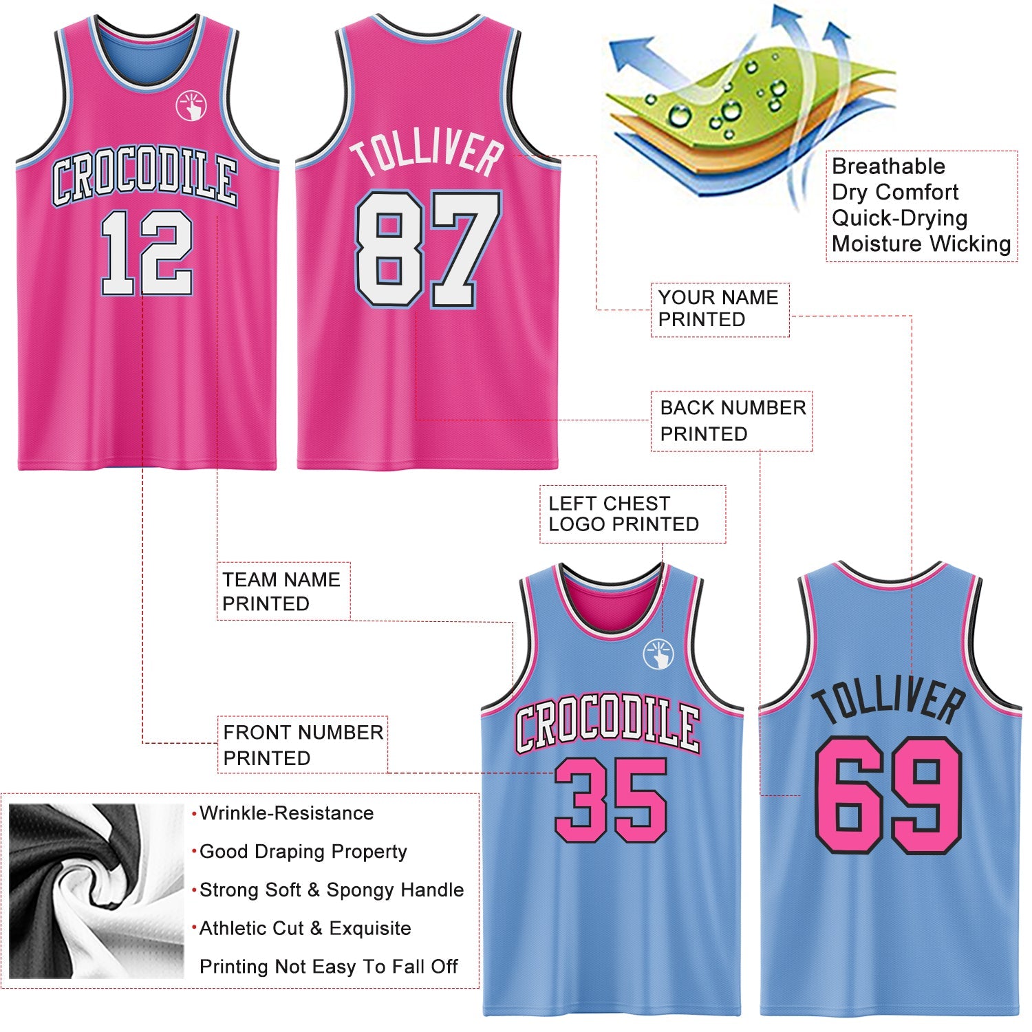 Custom Reversible Pink Black-Light Blue Double Side Sublimation Basketball Set Jersey view 5