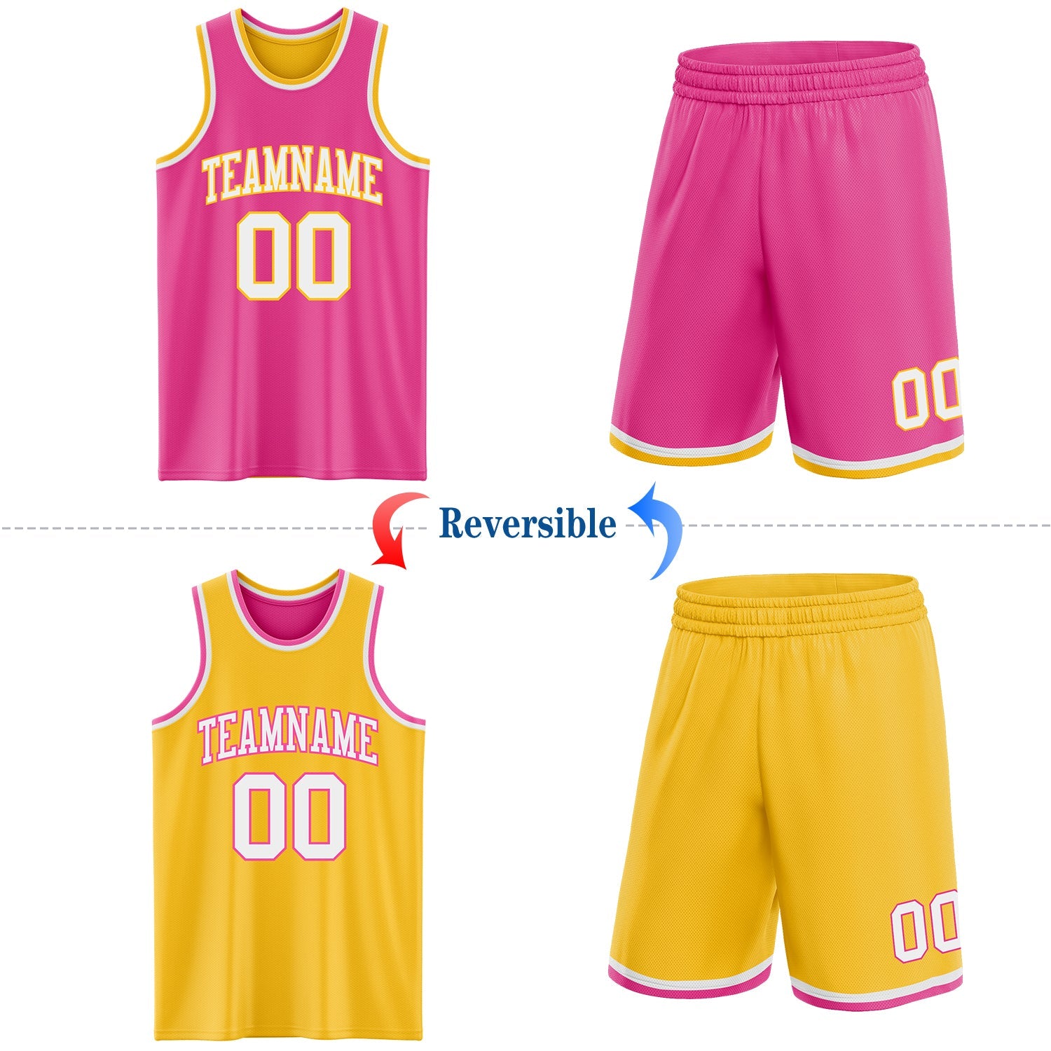 Custom Reversible Pink White-Gold Double Side Sublimation Basketball Set Jersey view 2