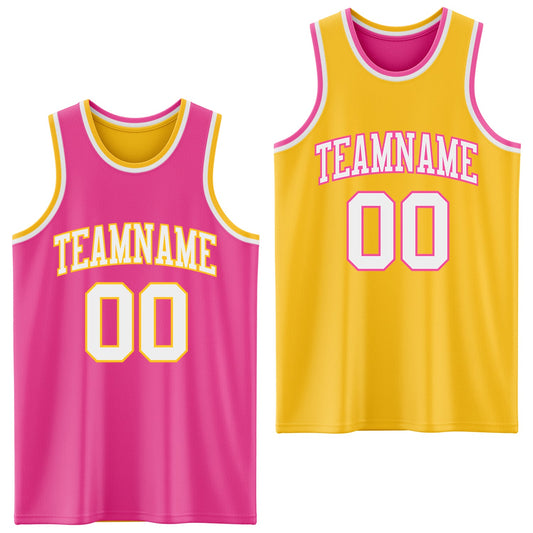 Custom Reversible Pink White-Gold Double Side Sublimation Basketball Set Jersey - Main View