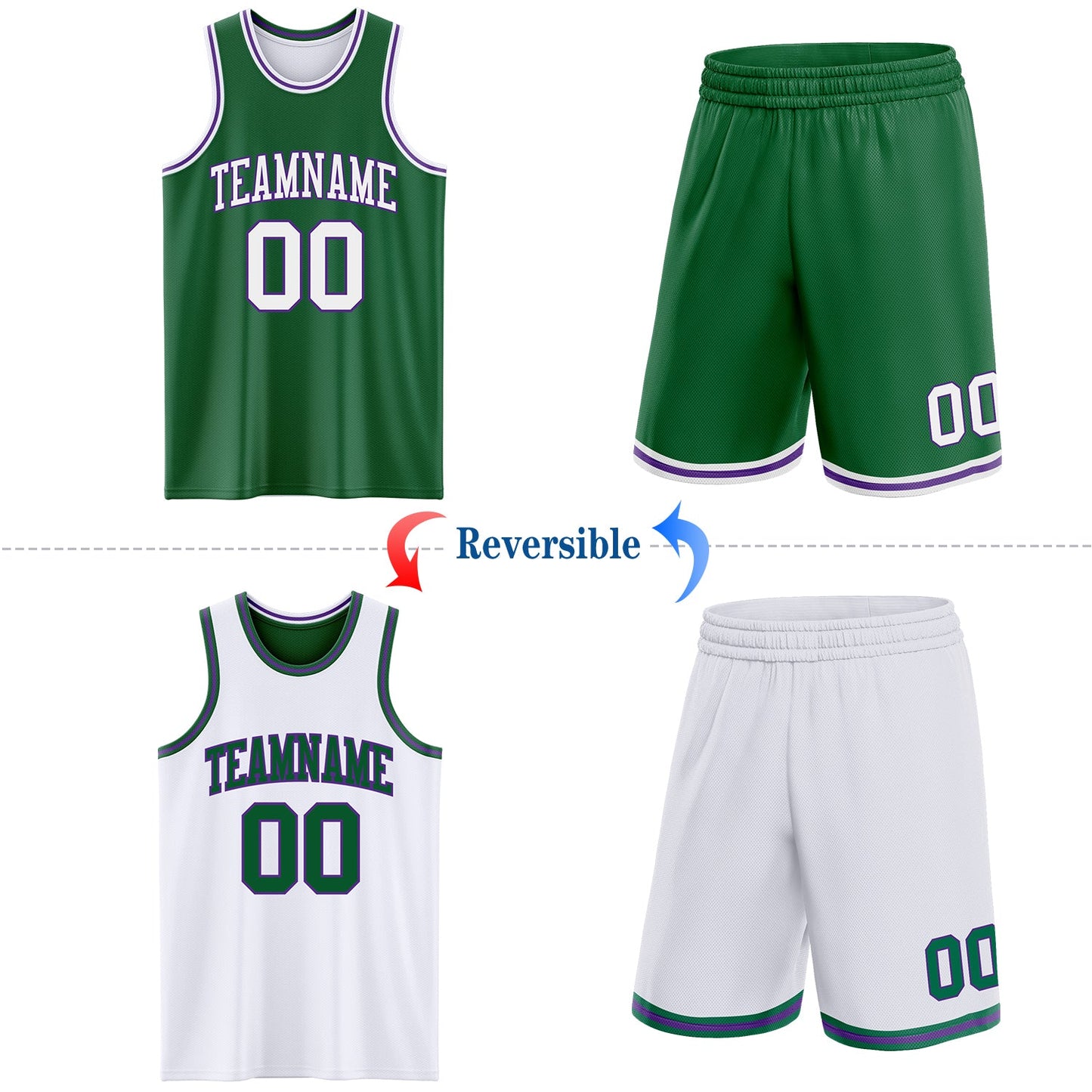 Custom Reversible Kelly Green White-Purple Double Side Sublimation Basketball Set Jersey view 2