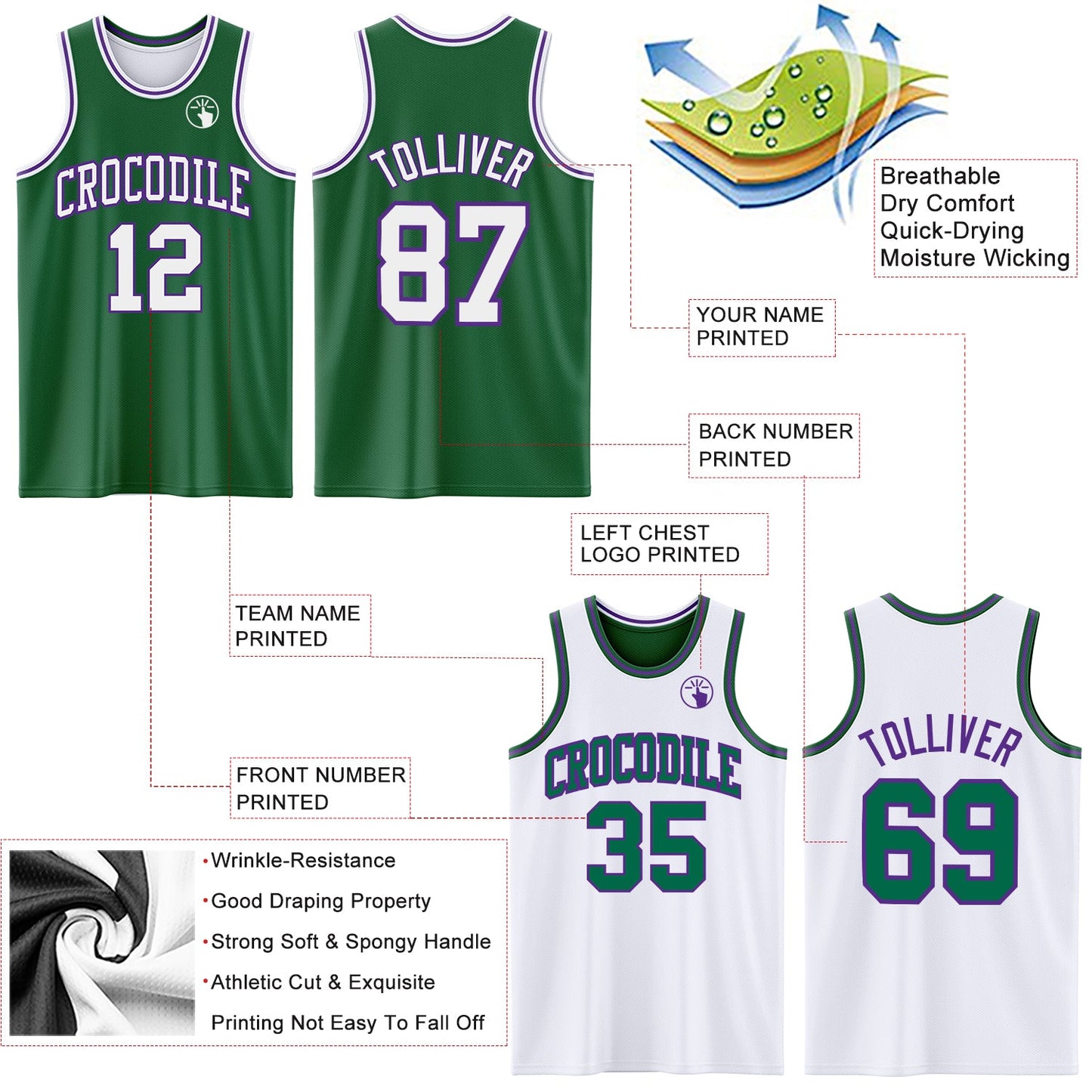 Custom Reversible Kelly Green White-Purple Double Side Sublimation Basketball Set Jersey view 5