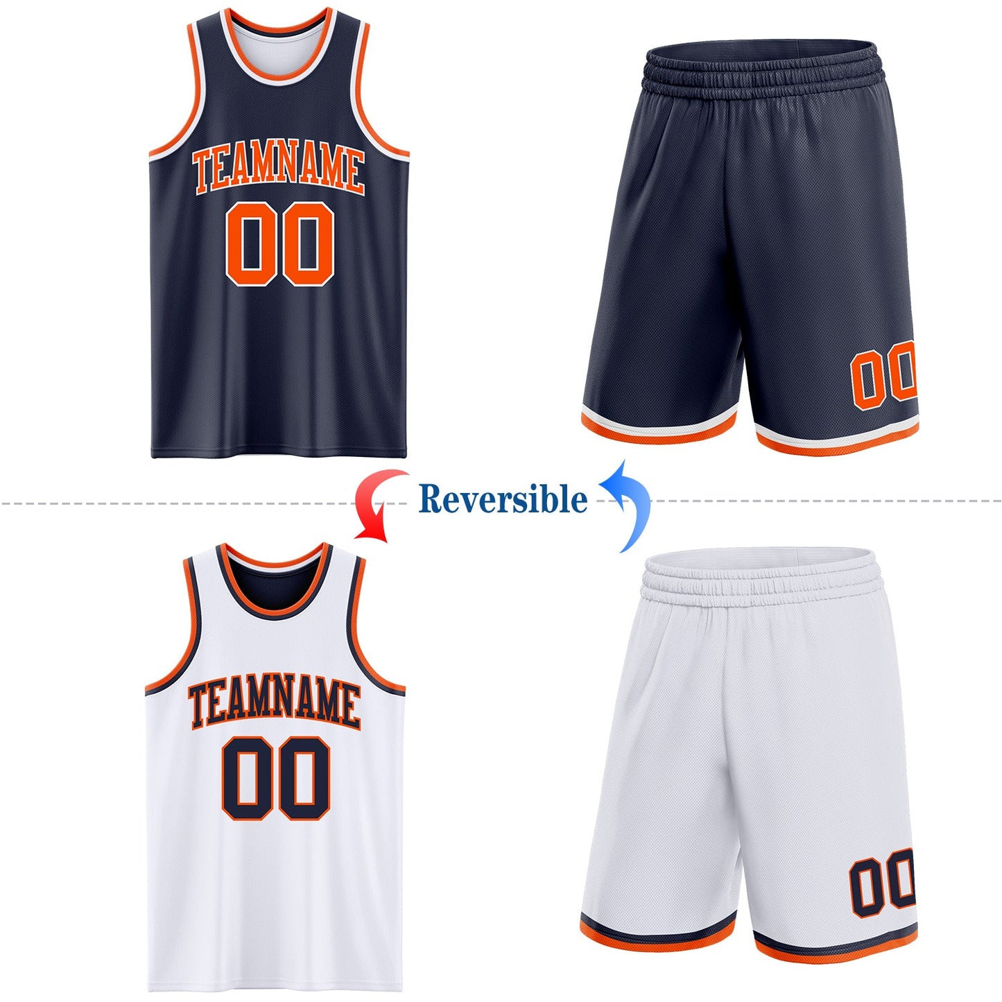 Custom Reversible Navy Orange-White Double Side Sublimation Basketball Set Jersey view 2