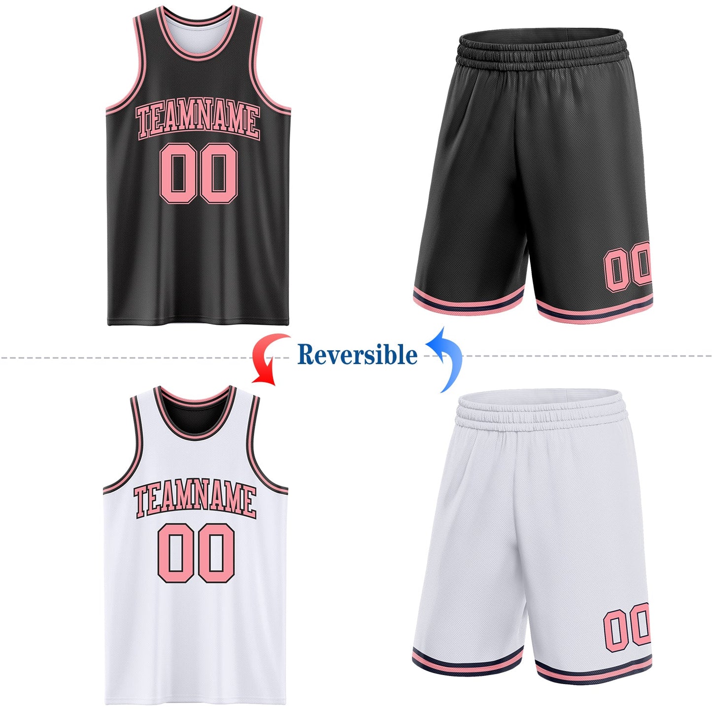 Custom Reversible Black Medium Pink Double Side Sublimation Basketball Set Jersey view 2