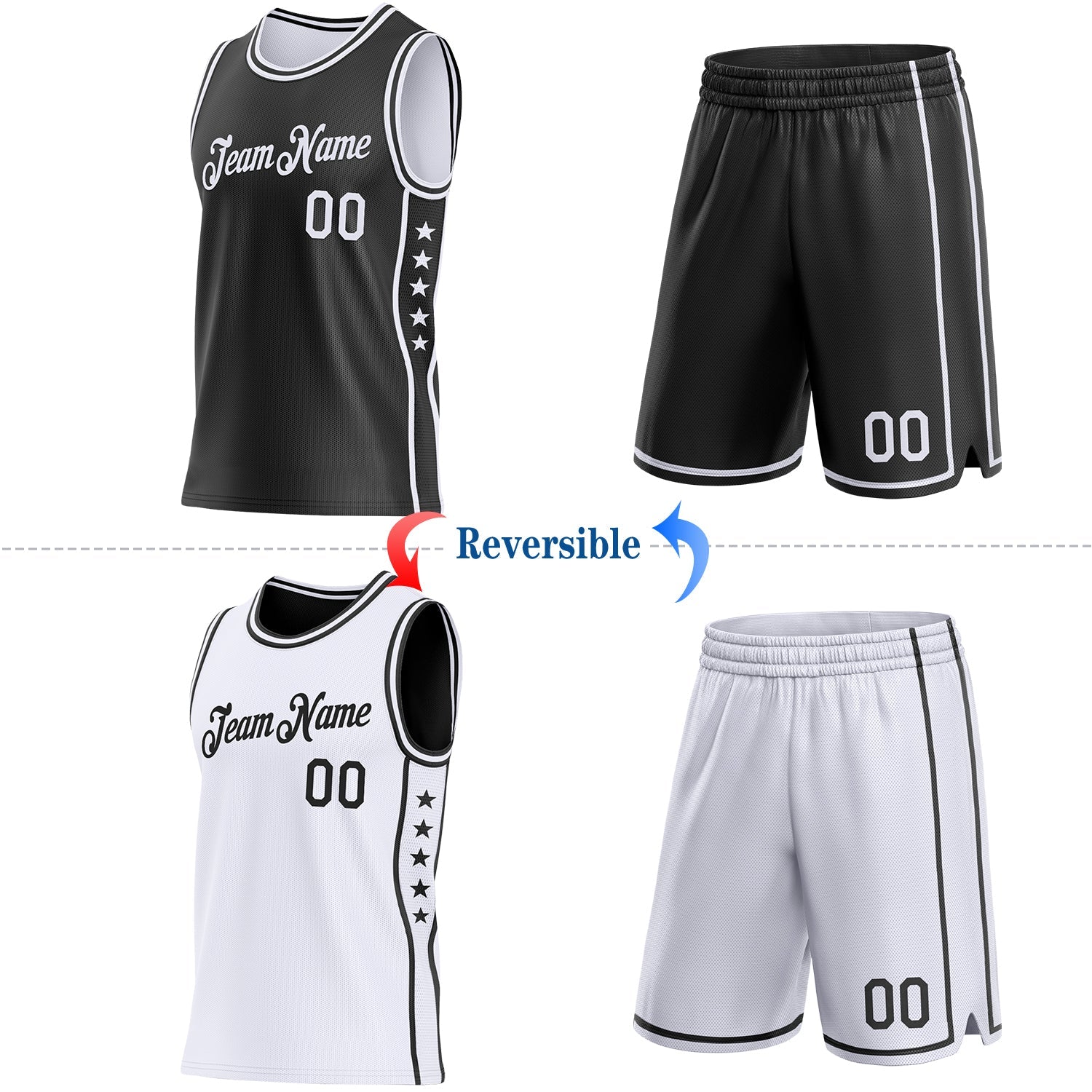 Custom Reversible Black White Double Side Star Sublimation Basketball Set Jersey view 2