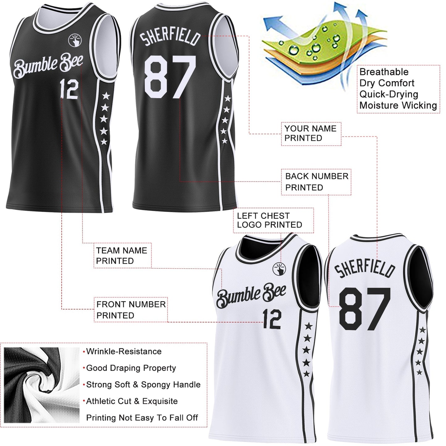 Custom Reversible Black White Double Side Star Sublimation Basketball Set Jersey view 5