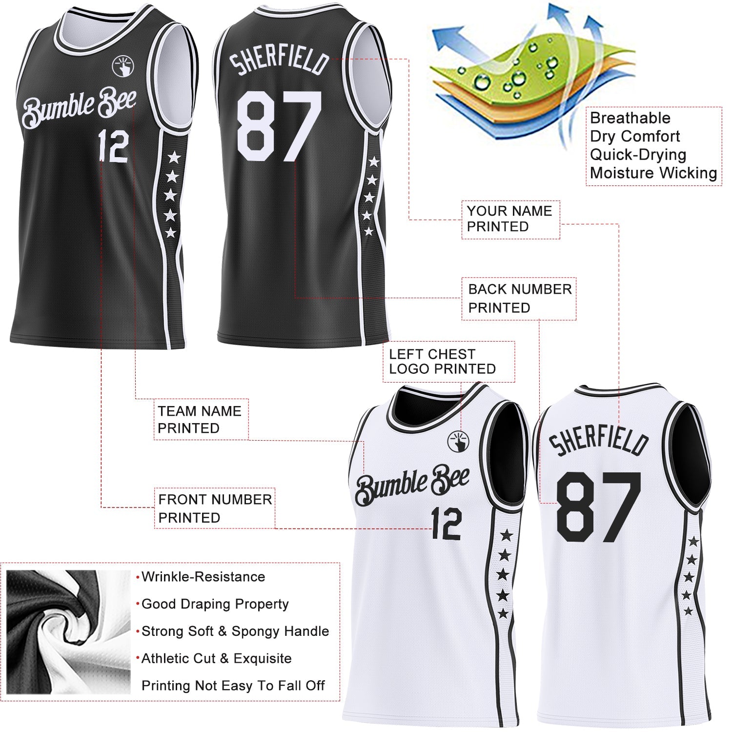Custom Reversible Black White Double Side Star Sublimation Basketball Set Jersey view 5