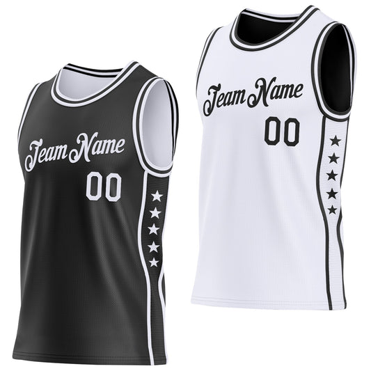 Custom Reversible Black White Double Side Star Sublimation Basketball Set Jersey - Main View
