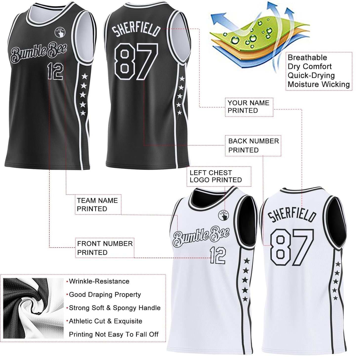 Custom Reversible Black White Double Side Star Sublimation Basketball Set Jersey view 5