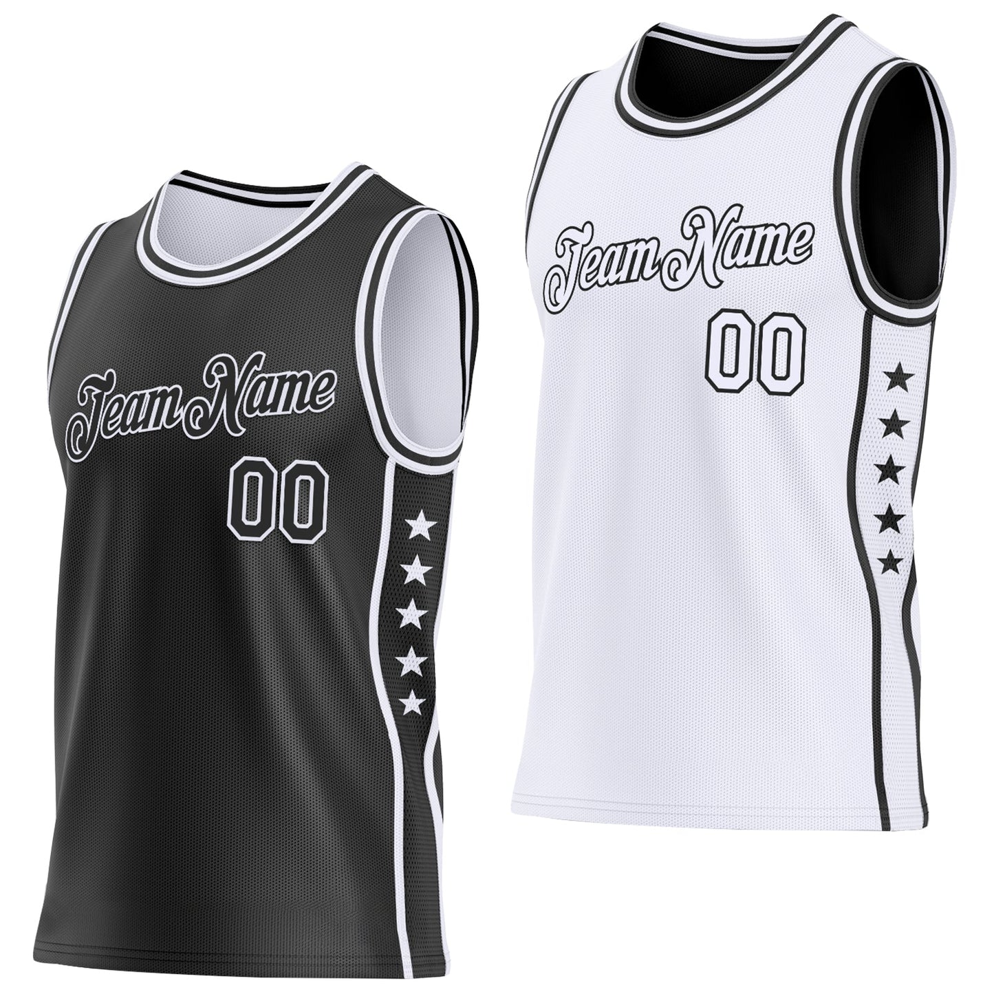 Custom Reversible Black White Double Side Star Sublimation Basketball Set Jersey - Main View