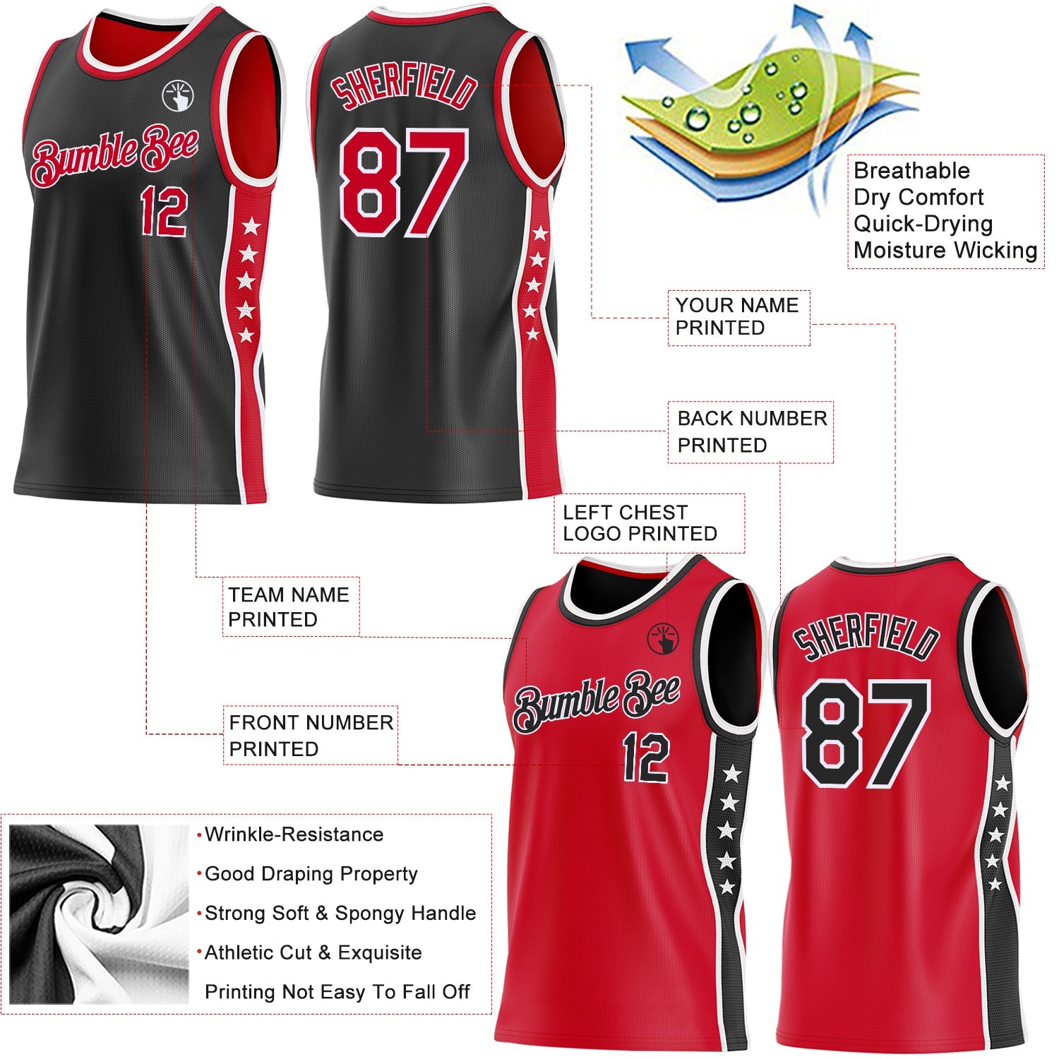 Custom Reversible Black Red-White Double Side Star Sublimation Basketball Set Jersey view 5