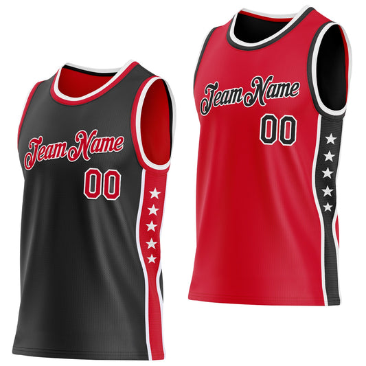 Custom Reversible Black Red-White Double Side Star Sublimation Basketball Set Jersey - Main View