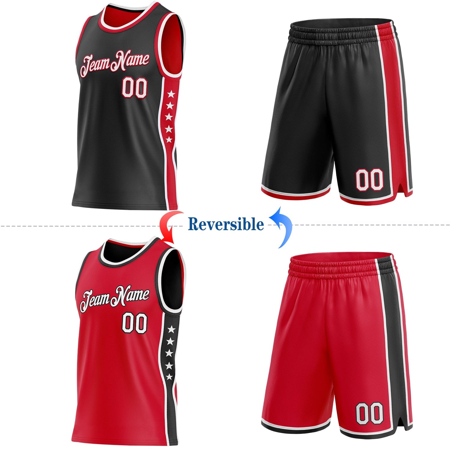 Custom Reversible Black White-Red Double Side Star Sublimation Basketball Set Jersey view 2
