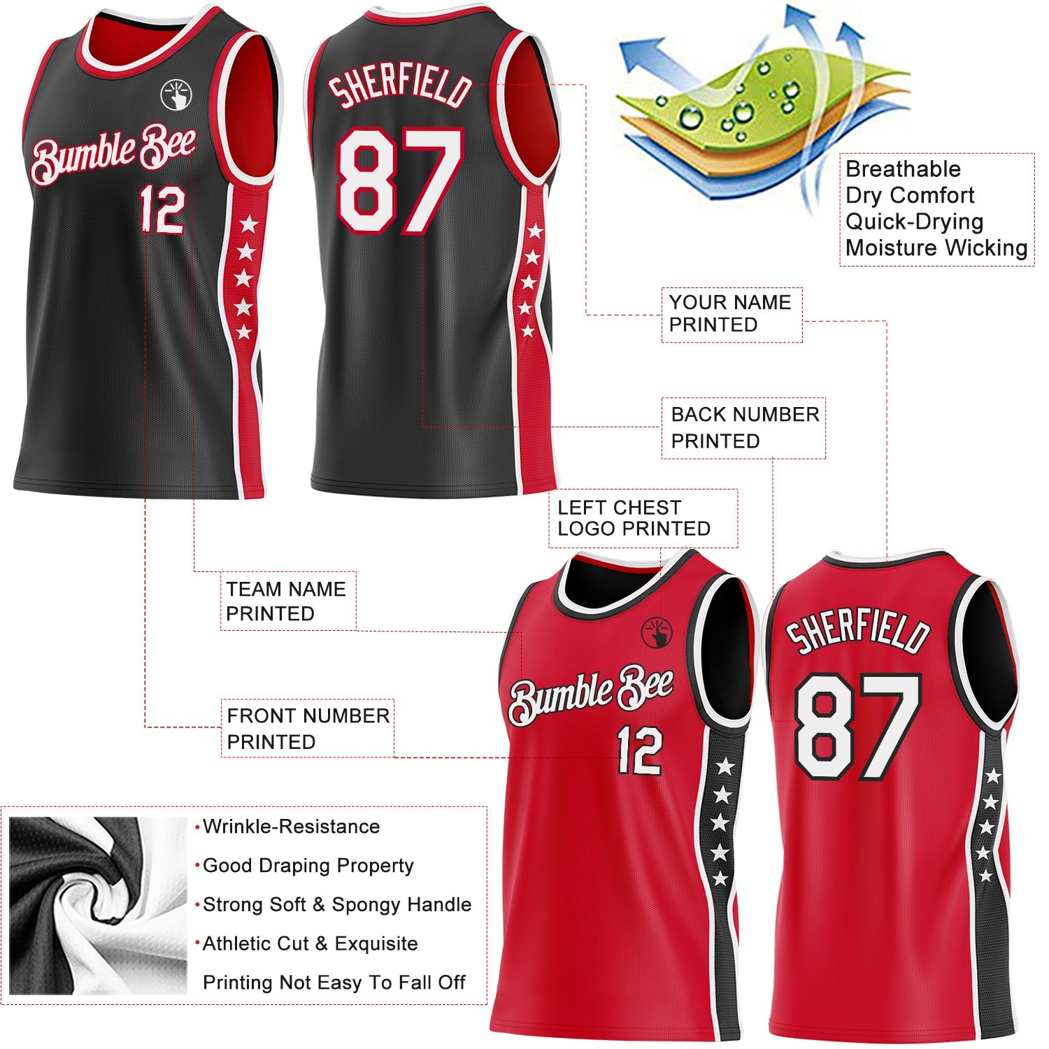 Custom Reversible Black White-Red Double Side Star Sublimation Basketball Set Jersey view 5