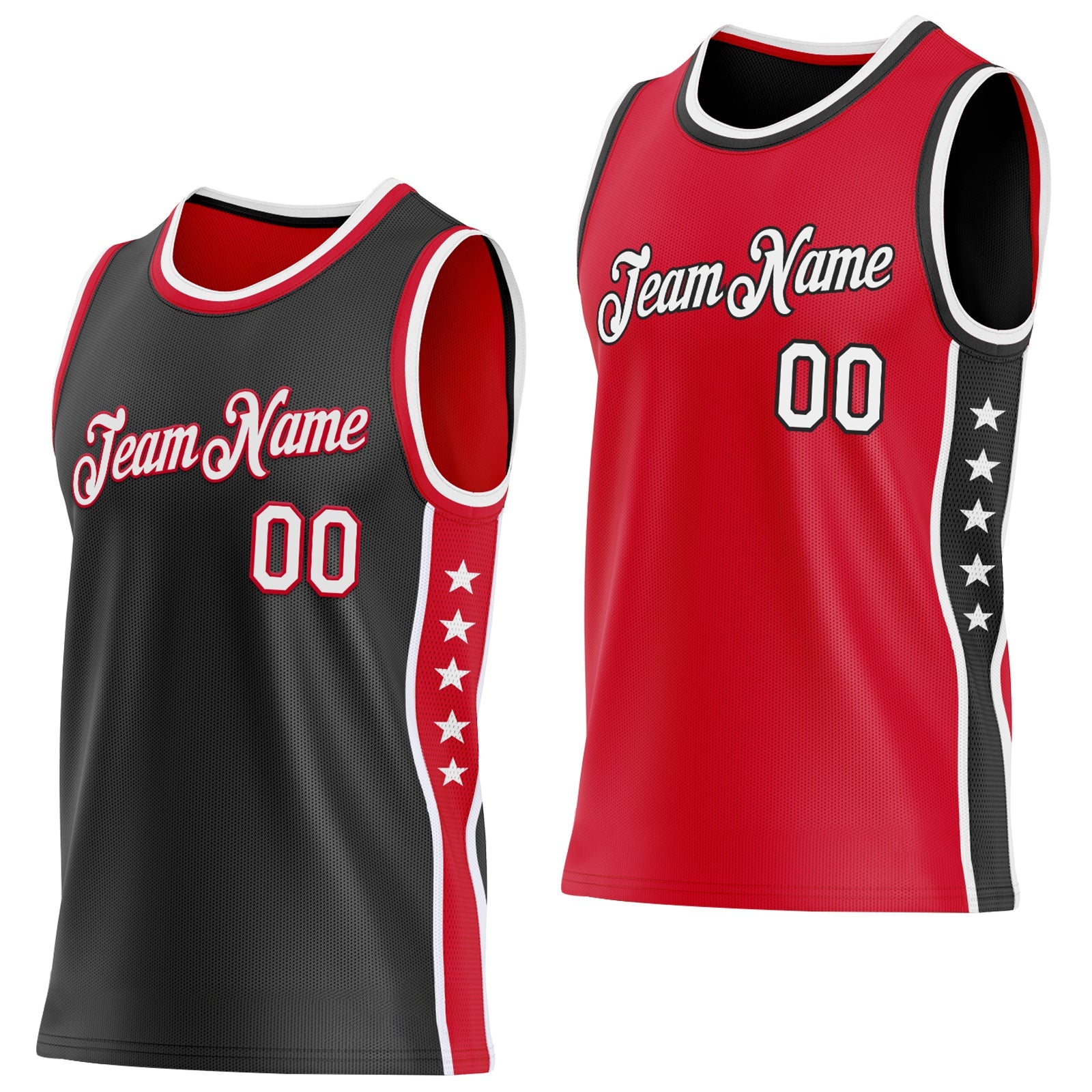 Custom Reversible Black White-Red Double Side Star Sublimation Basketball Set Jersey - Main View