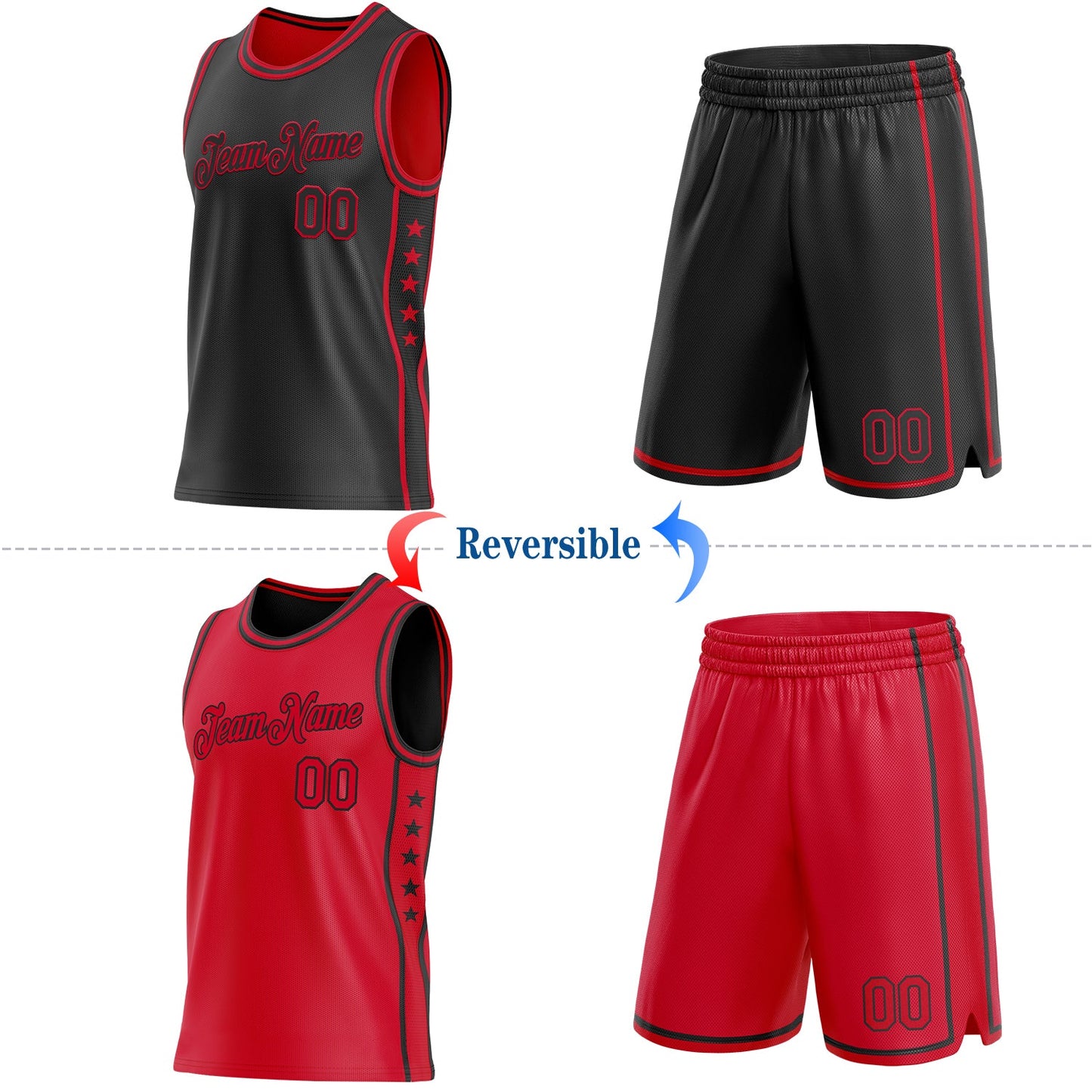 Custom Reversible Black Red Double Side Star Sublimation Basketball Set Jersey view 2