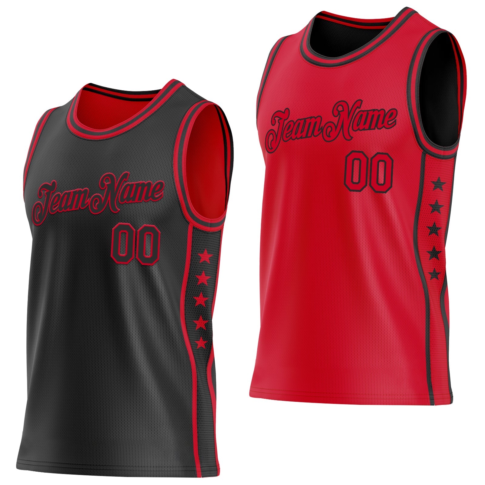 Custom Reversible Black Red Double Side Star Sublimation Basketball Set Jersey - Main View