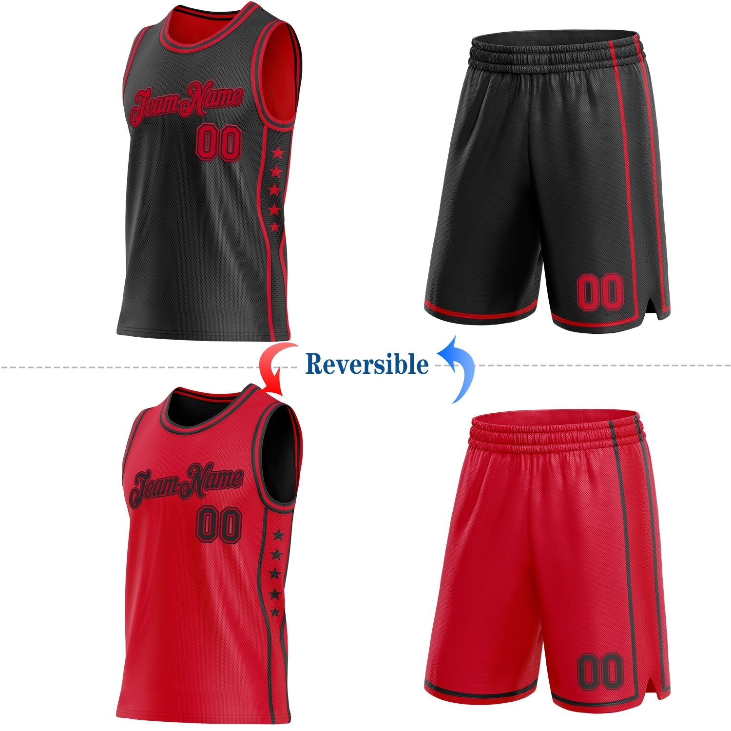 Custom Reversible Black Red Double Side Star Sublimation Basketball Set Jersey view 2