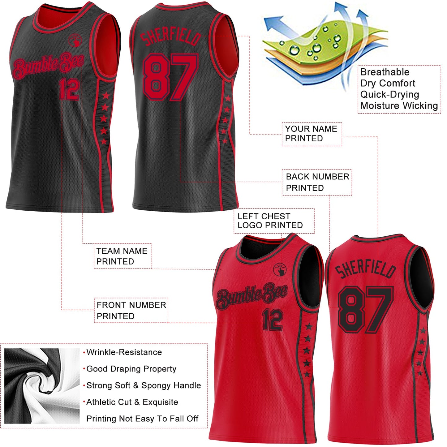 Custom Reversible Black Red Double Side Star Sublimation Basketball Set Jersey view 5