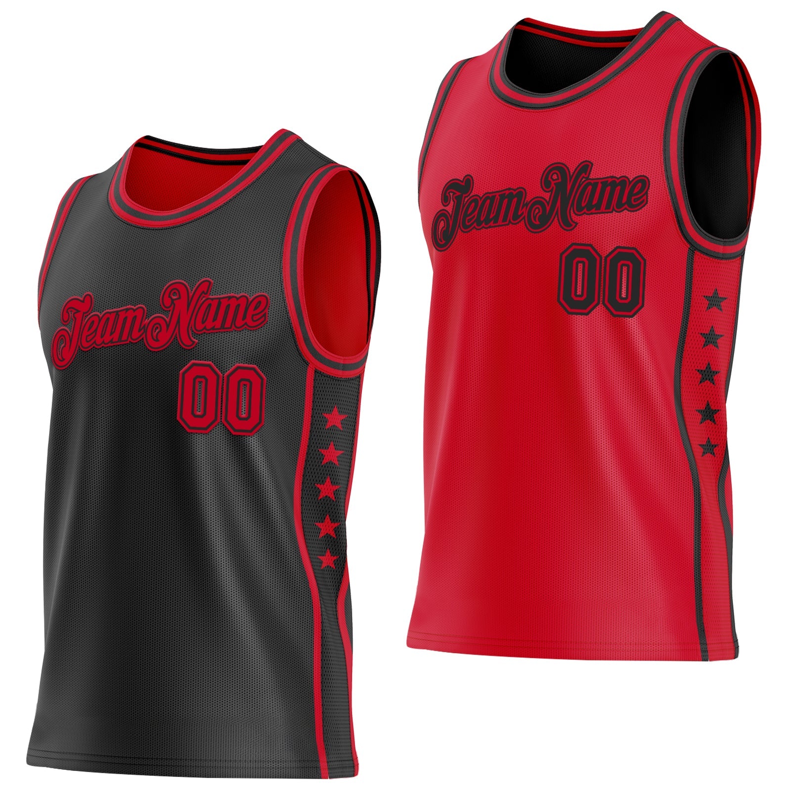 Custom Reversible Black Red Double Side Star Sublimation Basketball Set Jersey - Main View