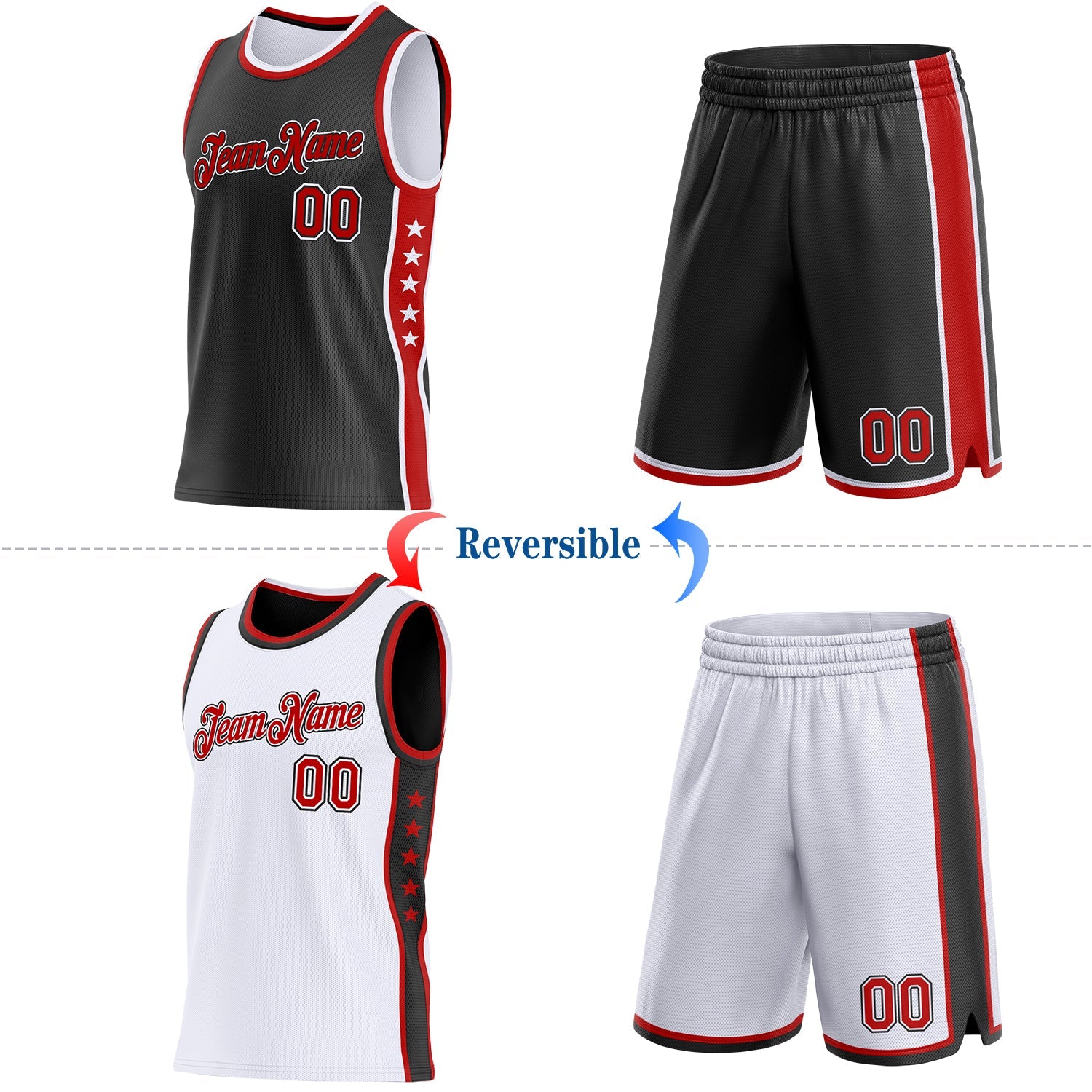 Custom Reversible Black Red-White Double Side Star Sublimation Basketball Set Jersey view 2
