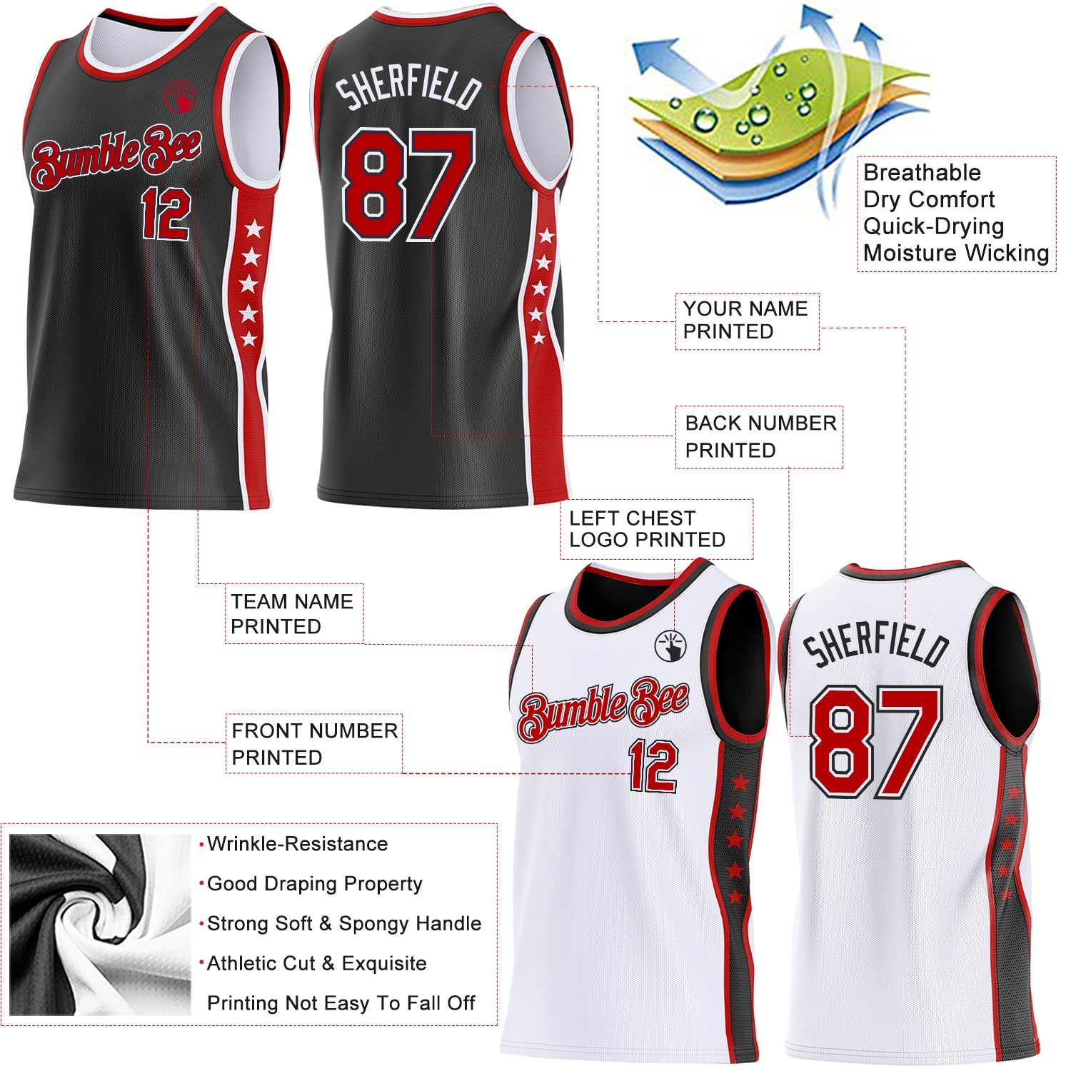 Custom Reversible Black Red-White Double Side Star Sublimation Basketball Set Jersey view 5