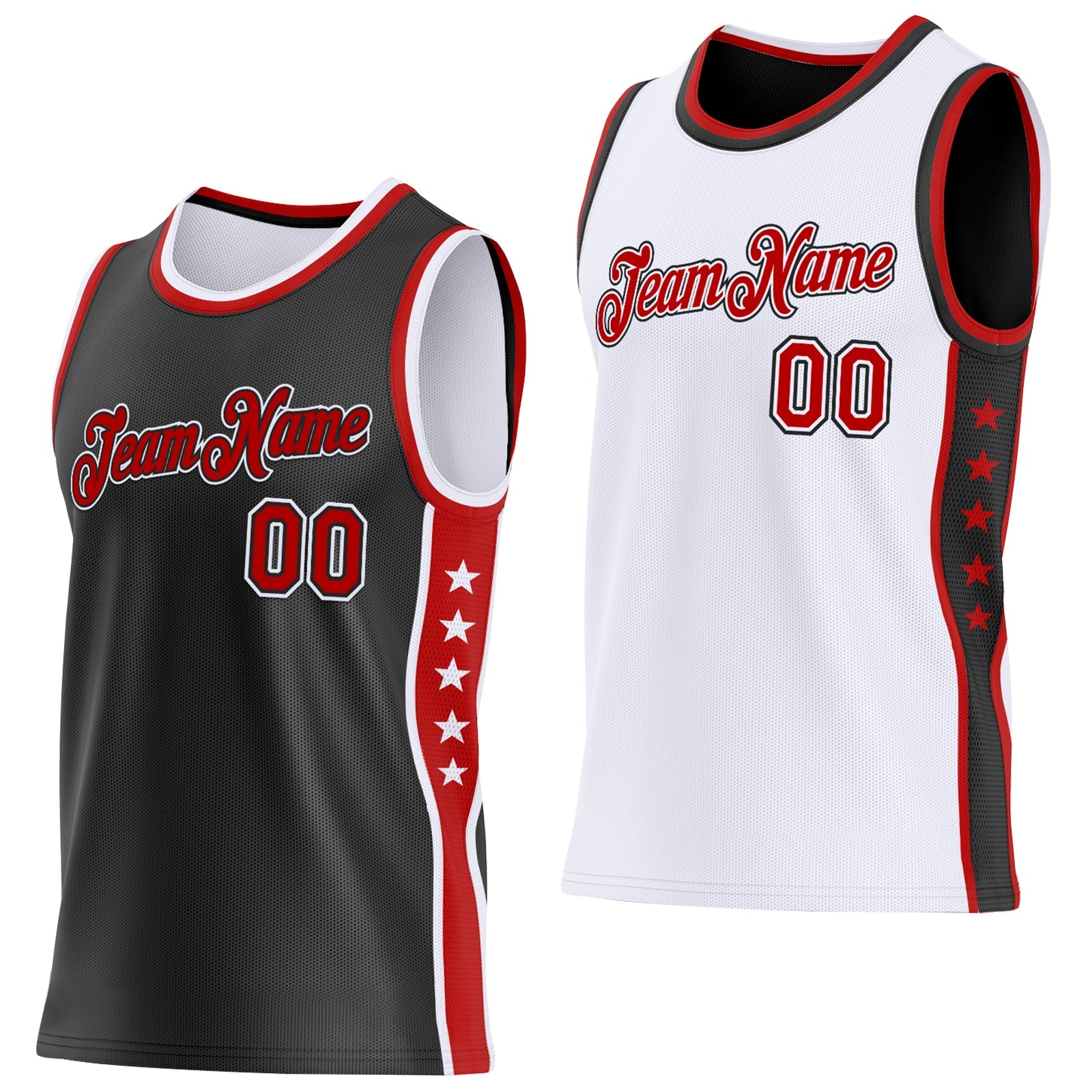 Custom Reversible Black Red-White Double Side Star Sublimation Basketball Set Jersey - Main View