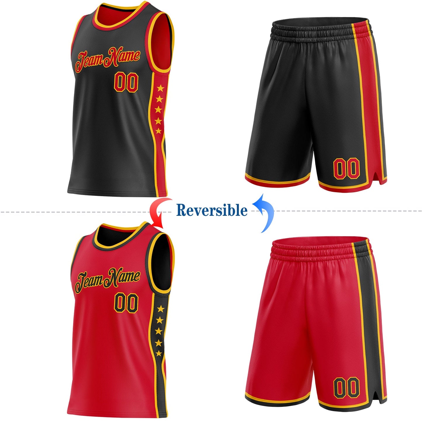 Custom Reversible Black Red-Gold Double Side Star Sublimation Basketball Set Jersey view 2