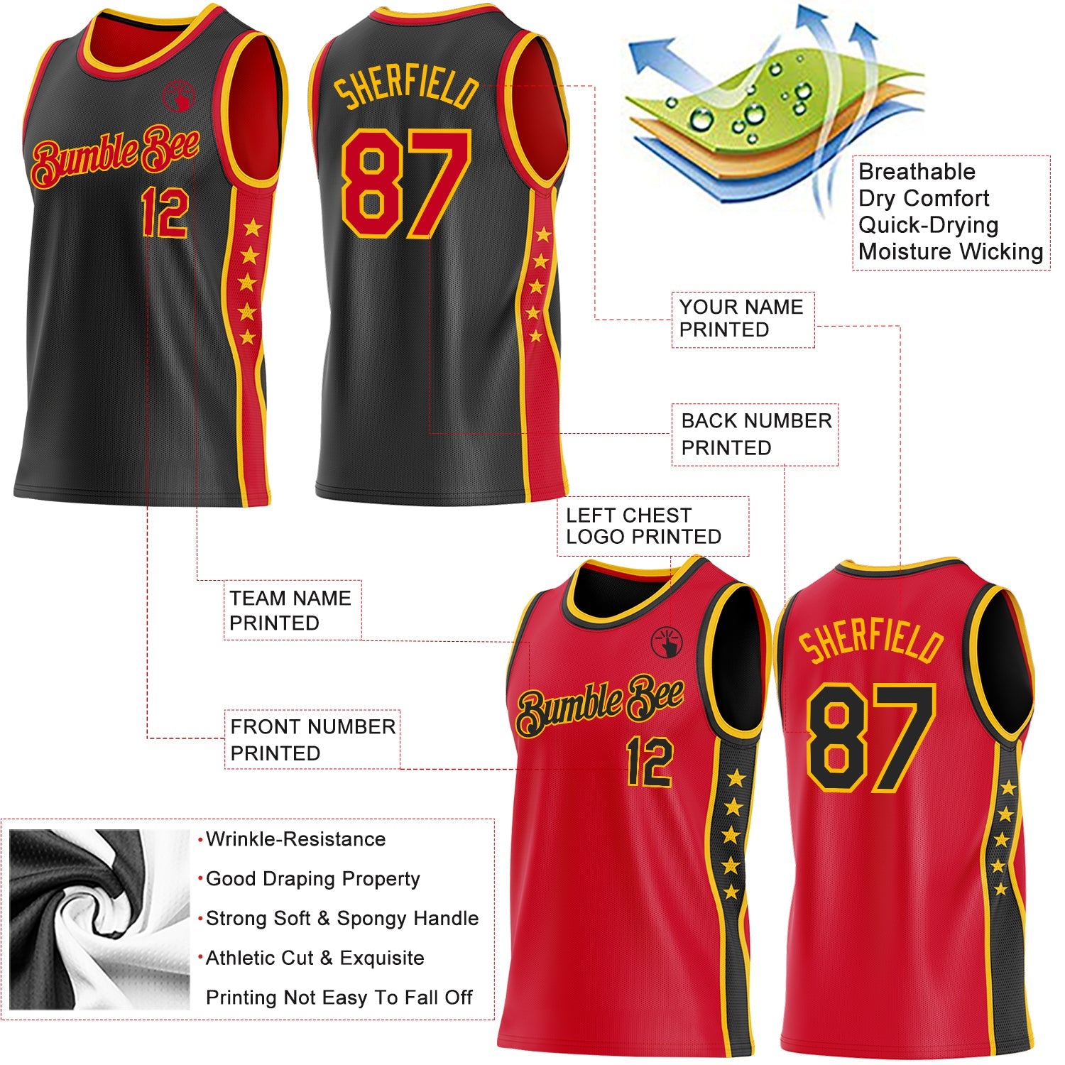 Custom Reversible Black Red-Gold Double Side Star Sublimation Basketball Set Jersey view 5
