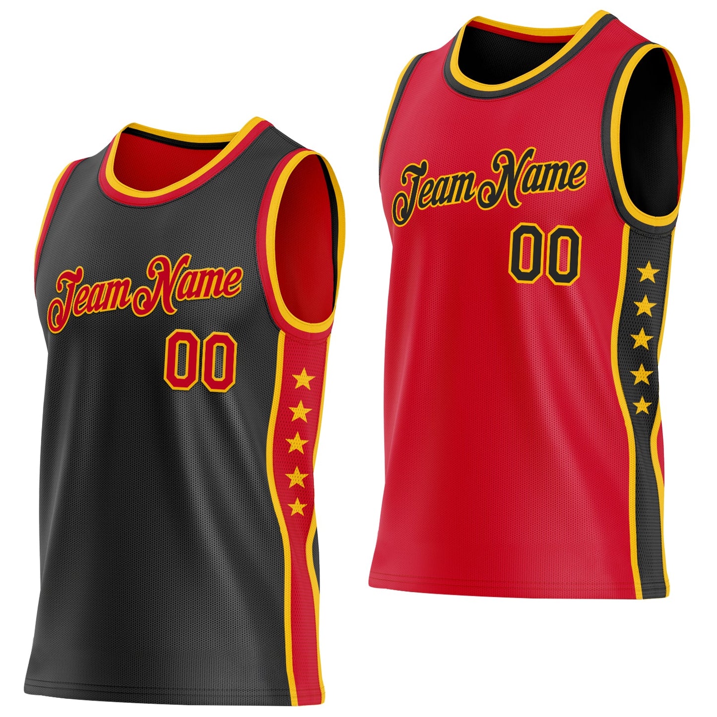 Custom Reversible Black Red-Gold Double Side Star Sublimation Basketball Set Jersey - Main View