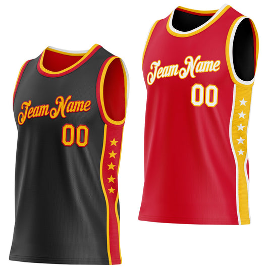 Custom Reversible Black Gold-Red Double Side Star Sublimation Basketball Set Jersey - Main View