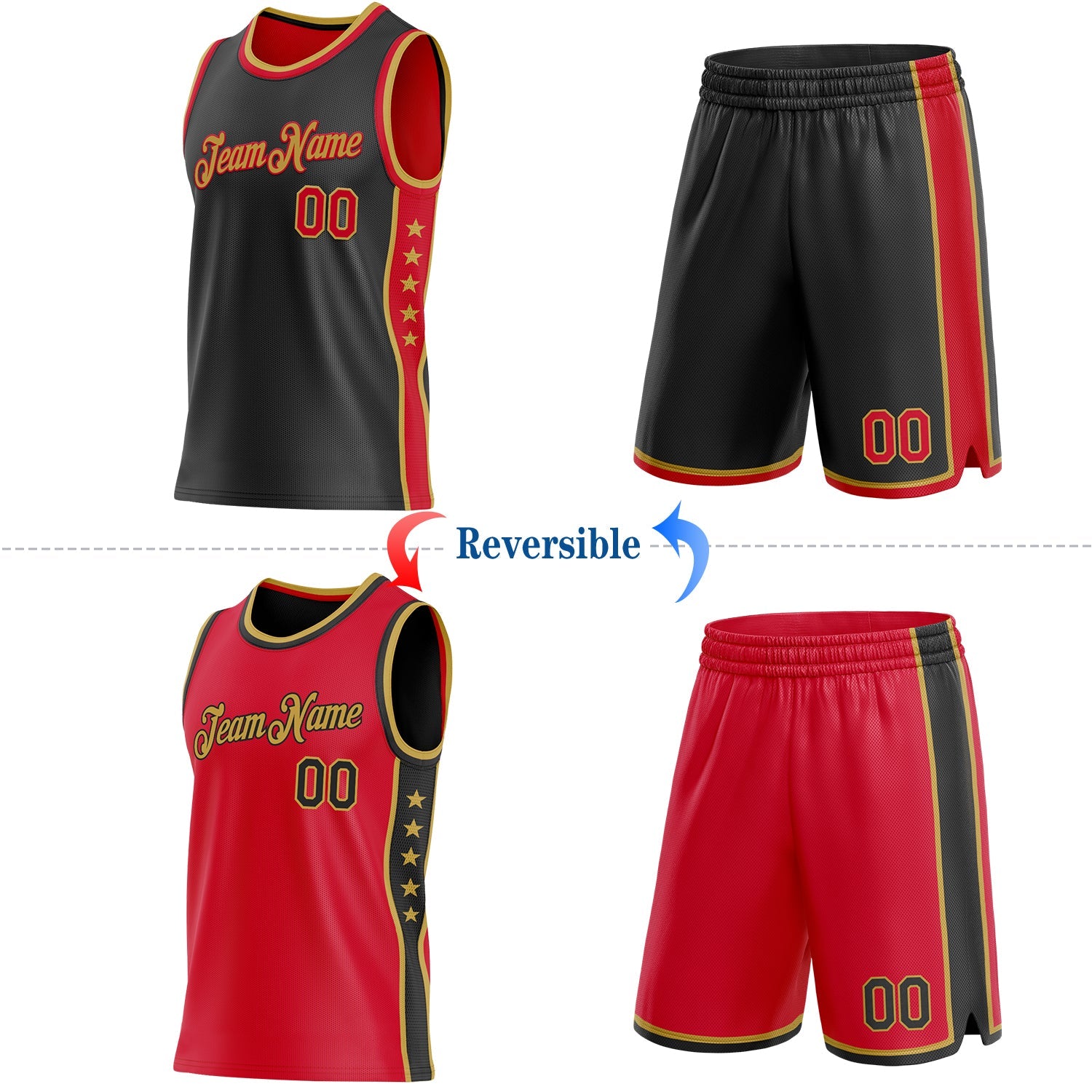 Custom Reversible Black Red-Old Gold Double Side Star Sublimation Basketball Set Jersey view 2