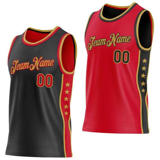 Custom Reversible Black Red-Old Gold Double Side Star Sublimation Basketball Set Jersey - Main View