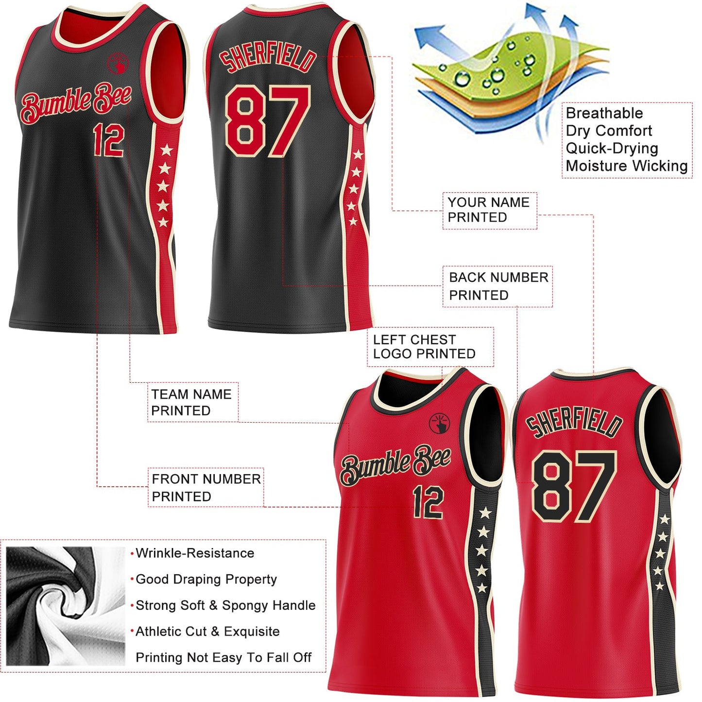 Custom Reversible Black Red-Cream Double Side Star Sublimation Basketball Set Jersey view 5