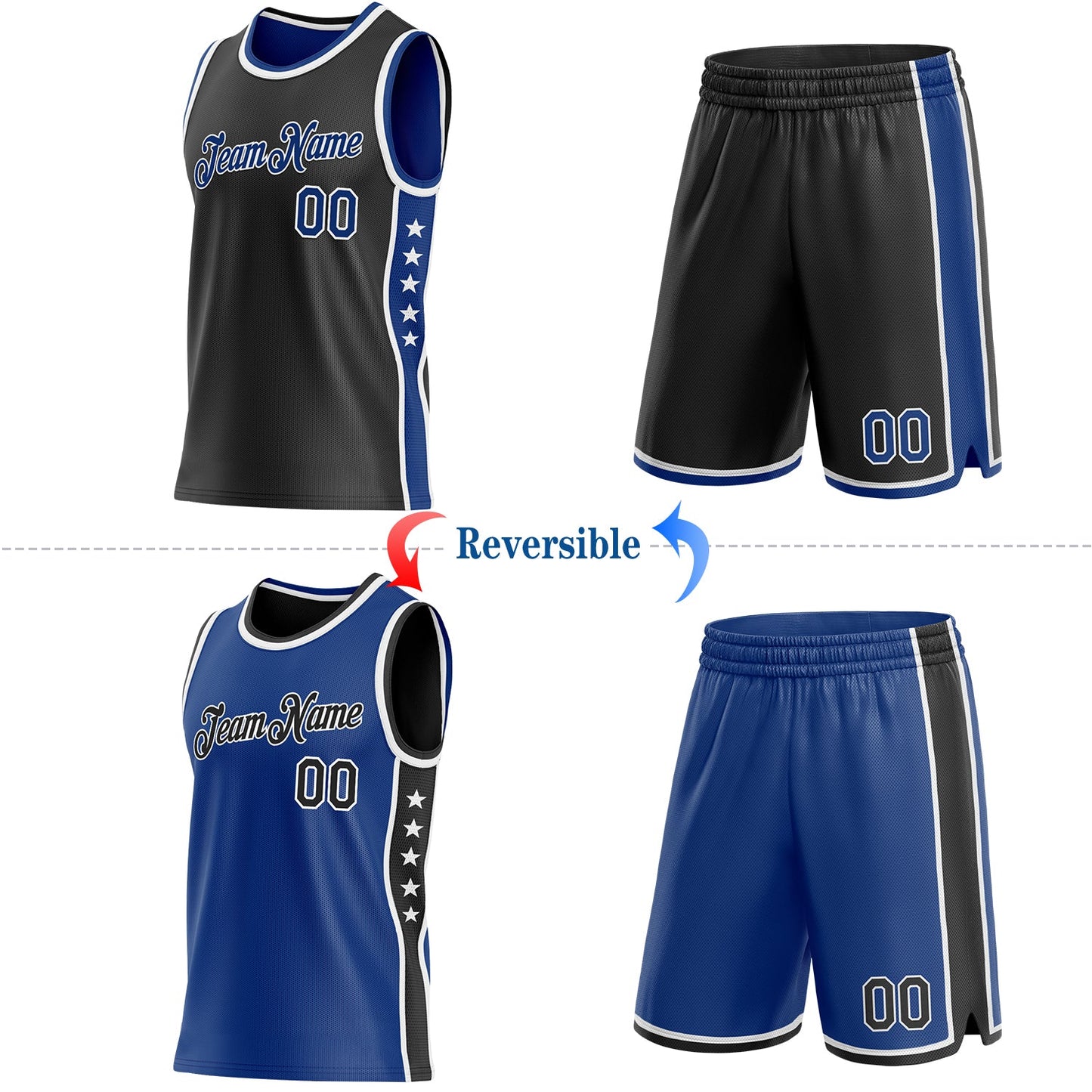 Custom Reversible Black Royal-White Double Side Star Sublimation Basketball Set Jersey view 2