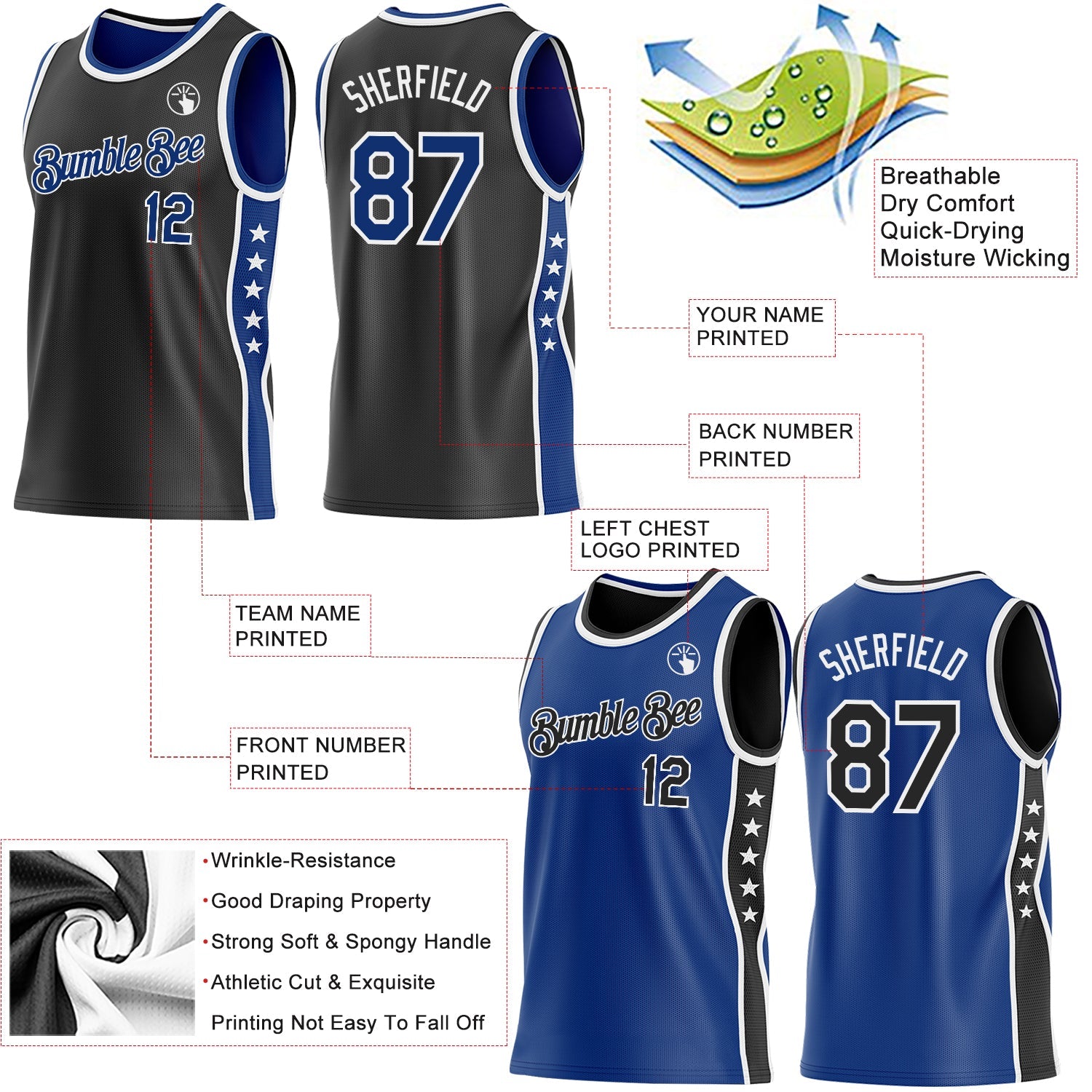 Custom Reversible Black Royal-White Double Side Star Sublimation Basketball Set Jersey view 5