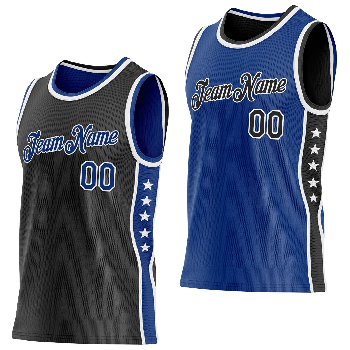 Custom Reversible Black Royal-White Double Side Star Sublimation Basketball Set Jersey - Main View