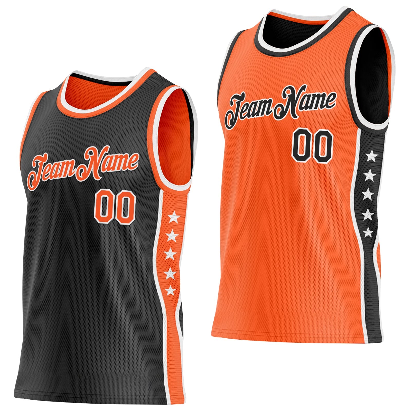 Custom Reversible Black Orange-White Double Side Star Sublimation Basketball Set Jersey - Main View