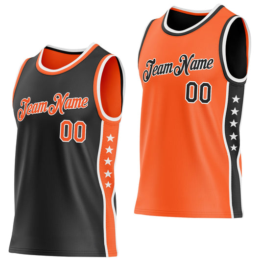 Custom Reversible Black Orange-White Double Side Star Sublimation Basketball Set Jersey - Main View