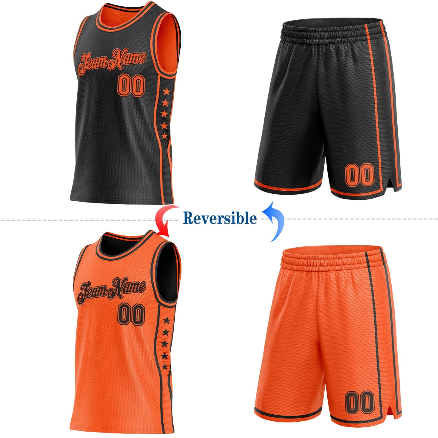Custom Reversible Black Orange Double Side Star Sublimation Basketball Set Jersey view 2