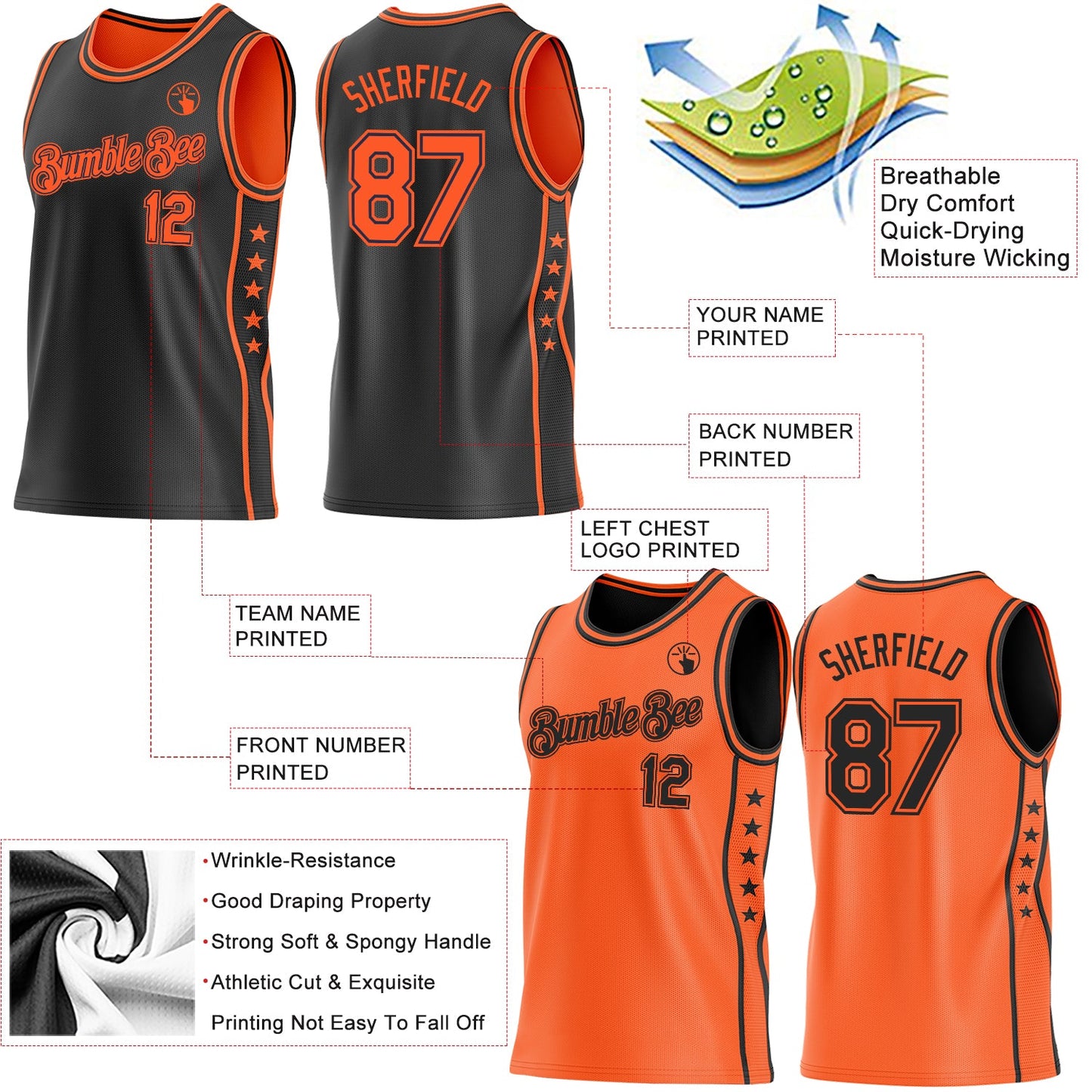 Custom Reversible Black Orange Double Side Star Sublimation Basketball Set Jersey view 5