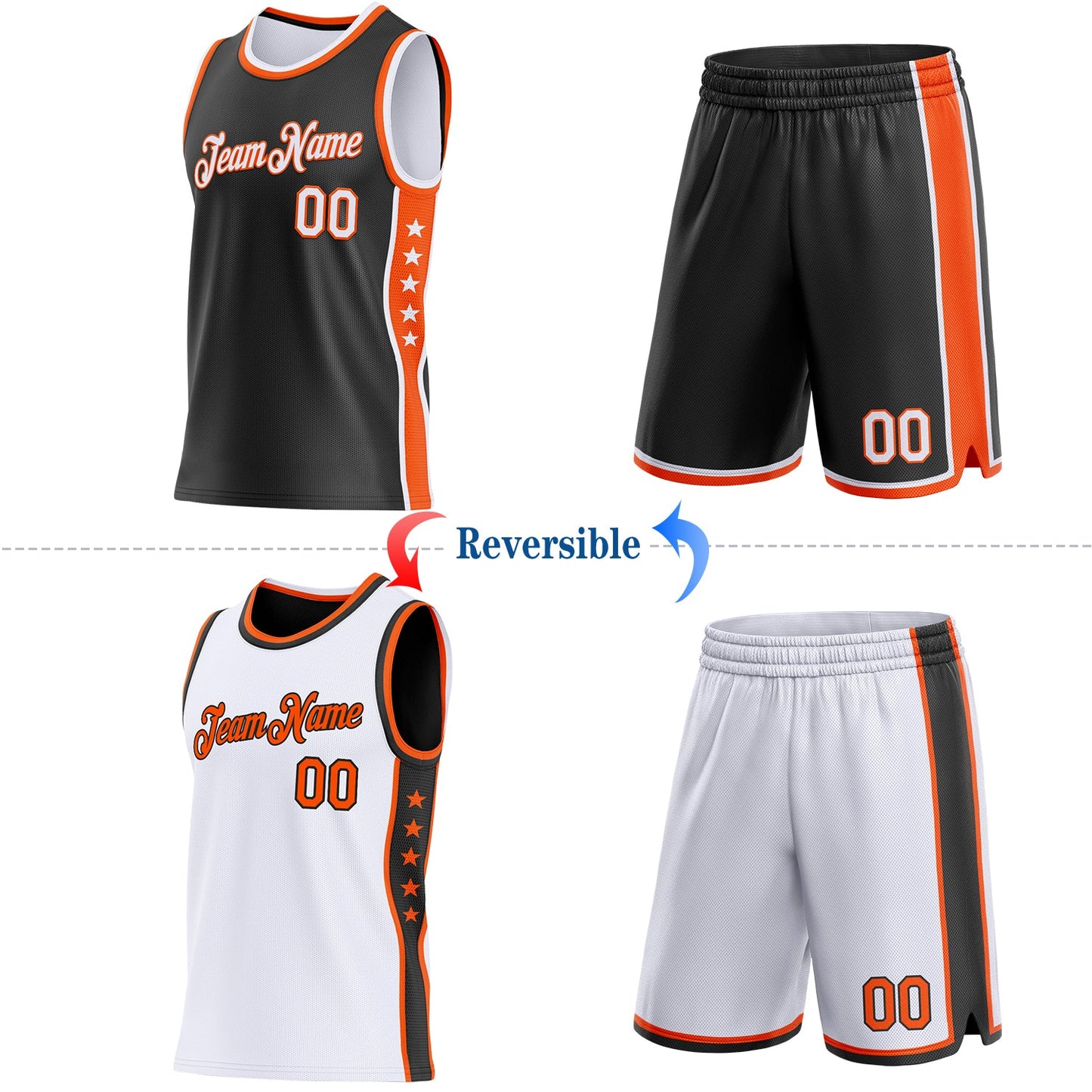 Custom Reversible Black White-Orange Double Side Star Sublimation Basketball Set Jersey view 2