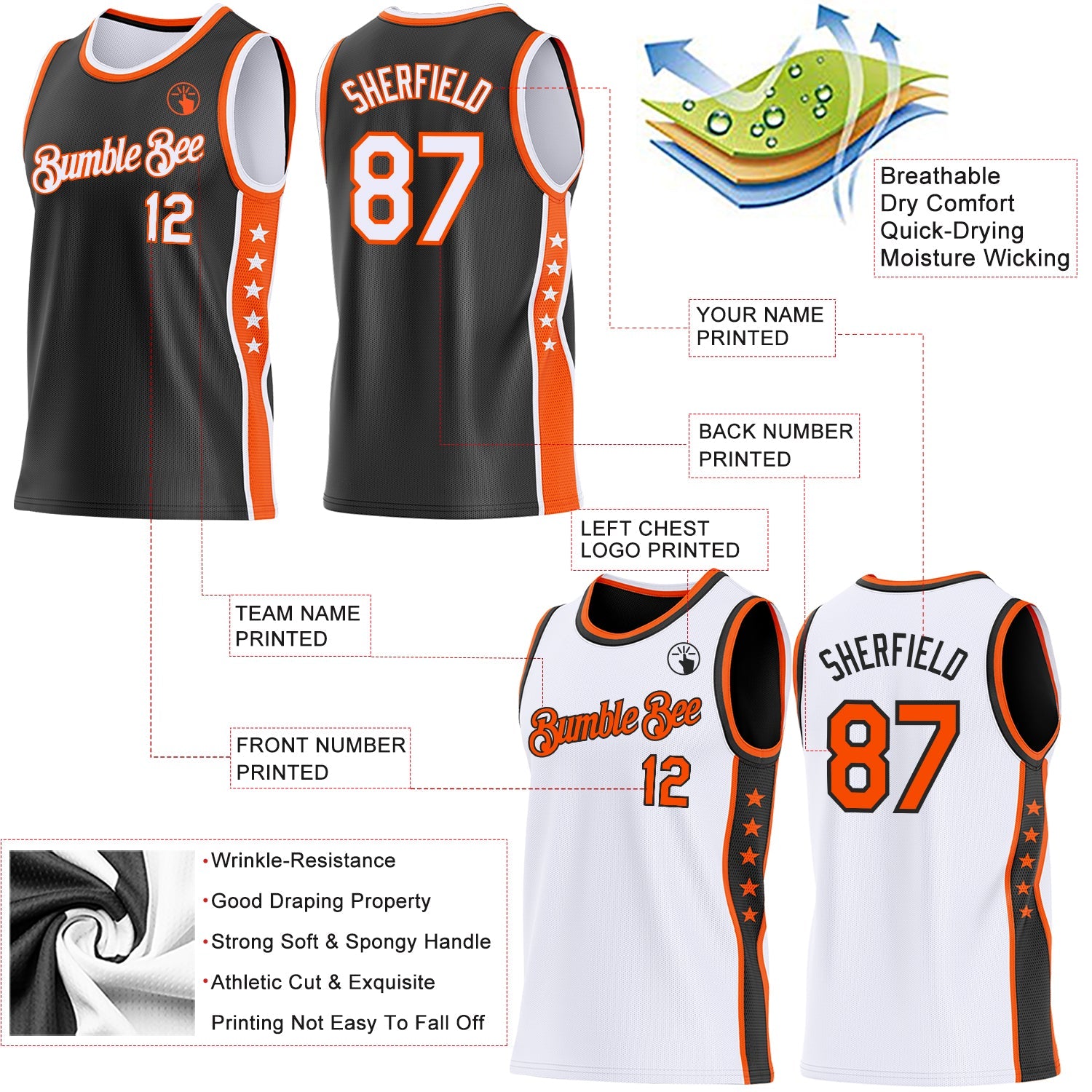 Custom Reversible Black White-Orange Double Side Star Sublimation Basketball Set Jersey view 5