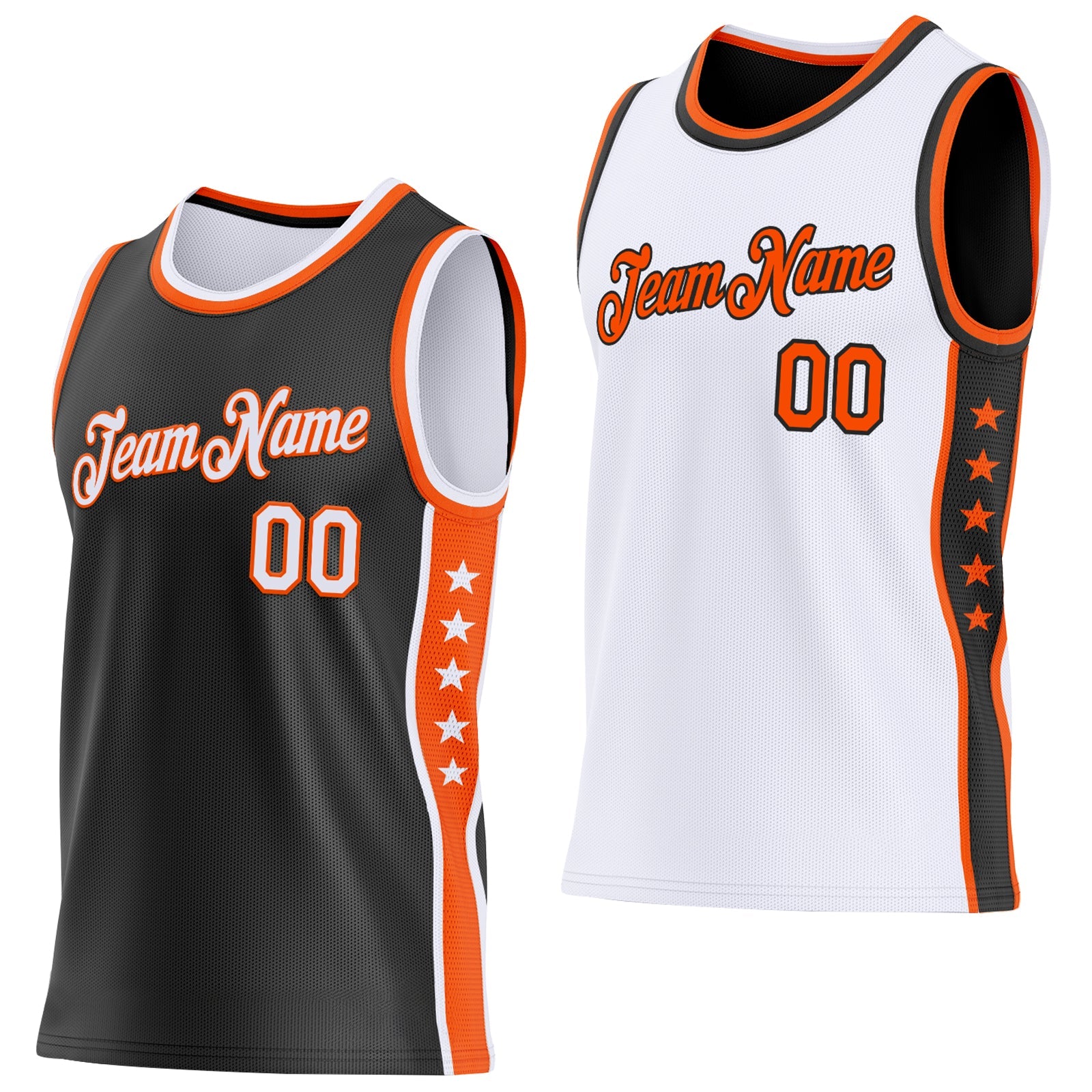 Custom Reversible Black White-Orange Double Side Star Sublimation Basketball Set Jersey - Main View
