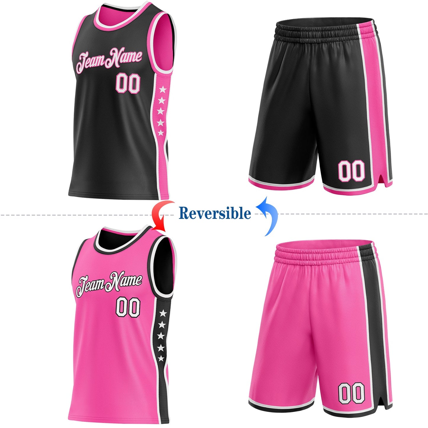 Custom Reversible Black White-Pink Double Side Star Sublimation Basketball Set Jersey view 2